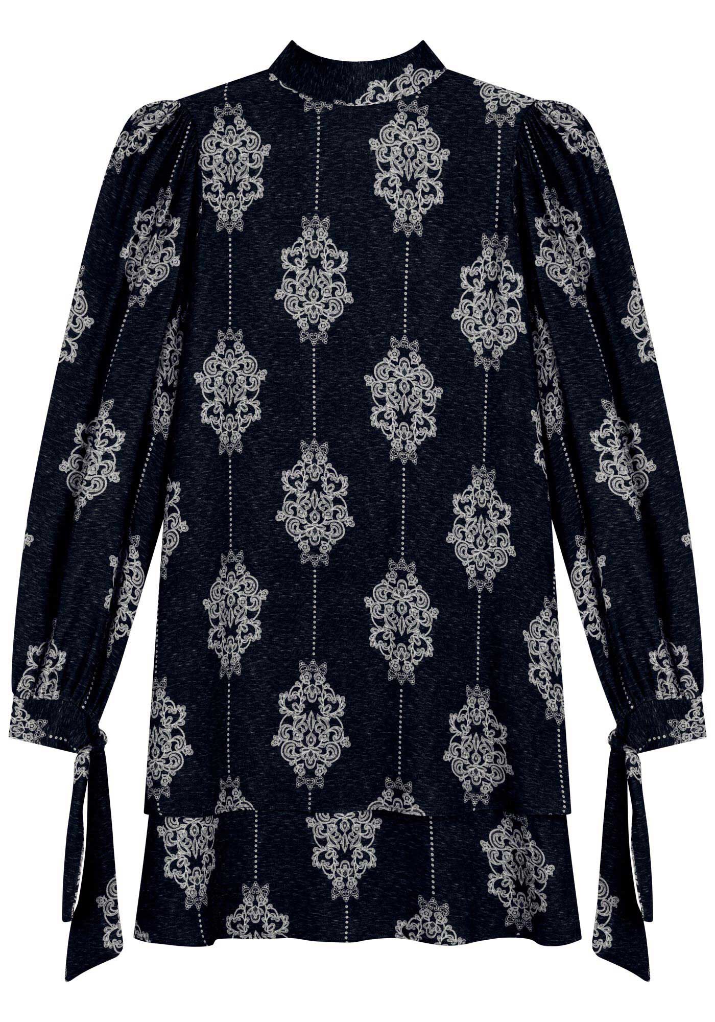 Vestido Curto Estampado Com Mangas Amplas E Gola Alta, CUTWORK MARINHO, large.