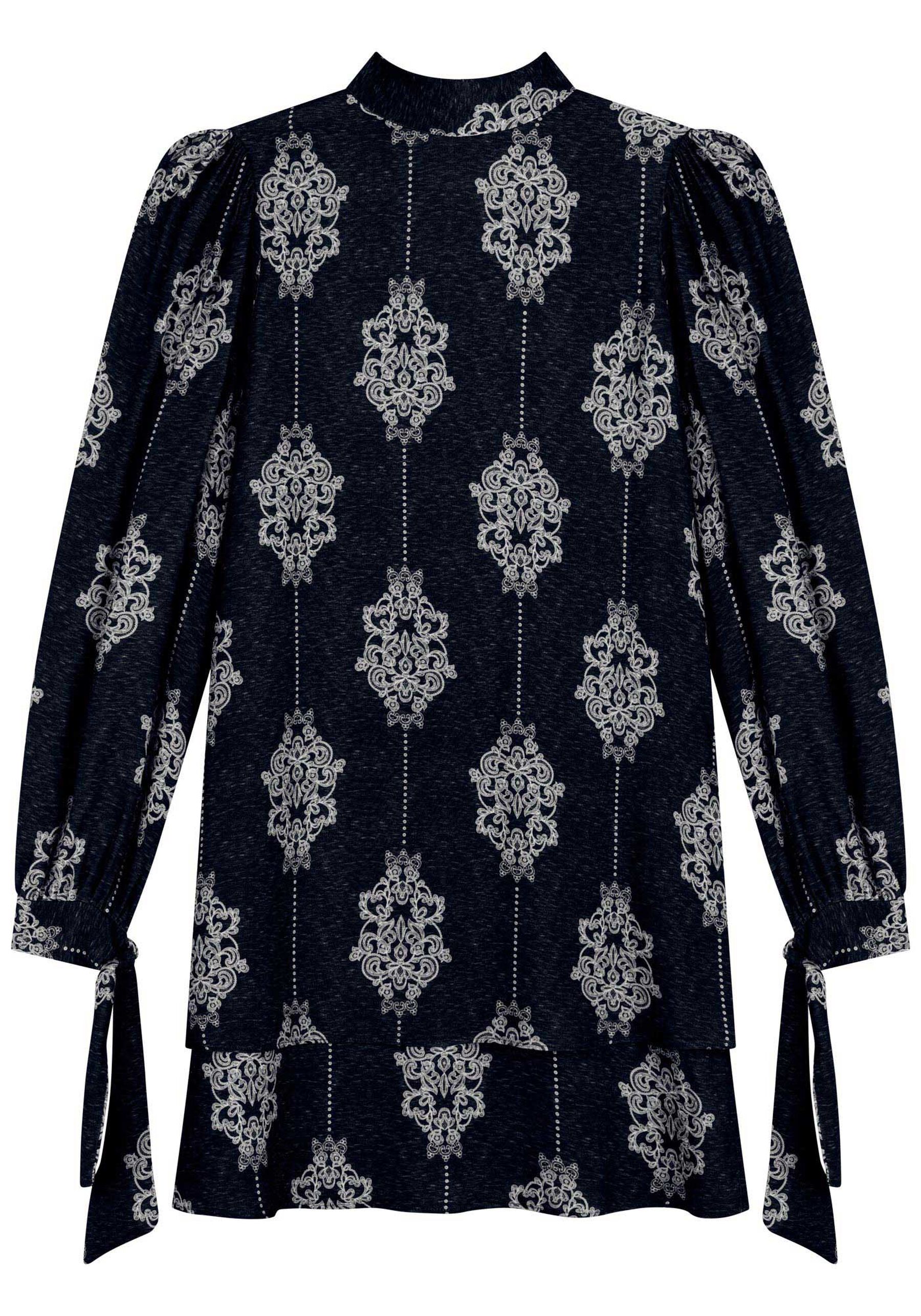 Vestido Curto Estampado Com Mangas Amplas E Gola Alta, CUTWORK MARINHO. Vestido Curto Estampado Com Mangas Amplas E Gola Alta, CUTWORK MARINHO, large.