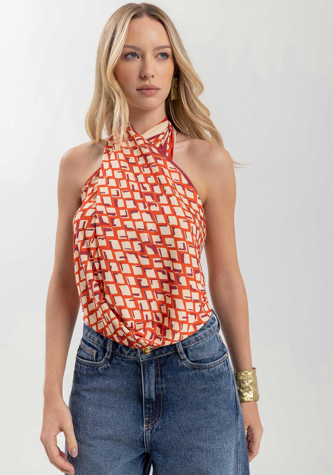 Len&ccedil;o Estampado Em Tecido Plano, CONTINUOUS LARANJA, large.