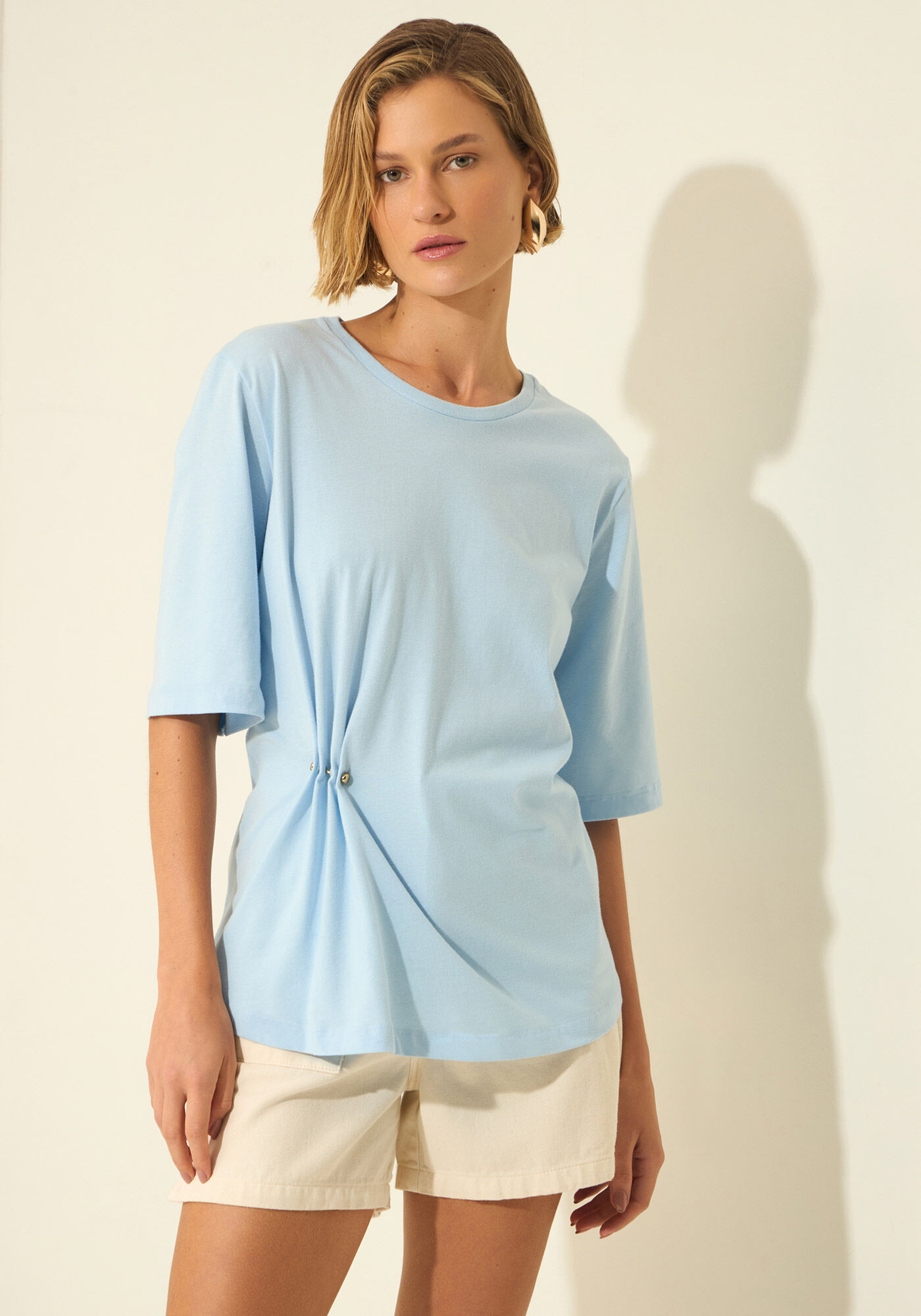 Blusa De Mangas Curtas Com Aviamento Em Malha Penteada, AZUL PUPPY, large.