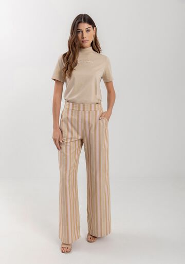 Calça Pantalona Listrada Com Cintura Alta Em Algodão, MARROM ESPERADO. Calça Pantalona Listrada Com Cintura Alta Em Algodão, MARROM ESPERADO, large.