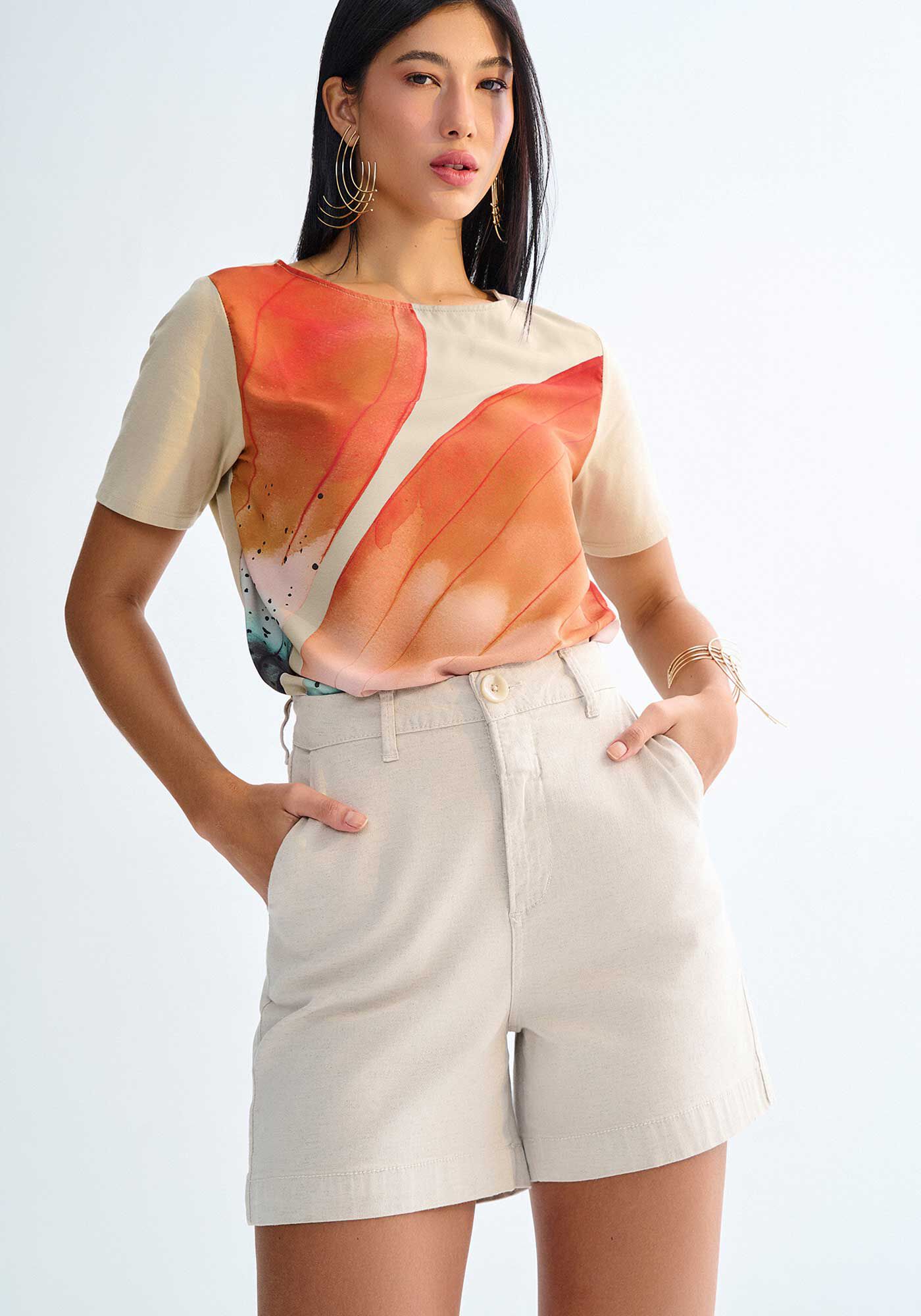 Shorts Sarja Mom Alfaiataria com Efeito Linho, , large.