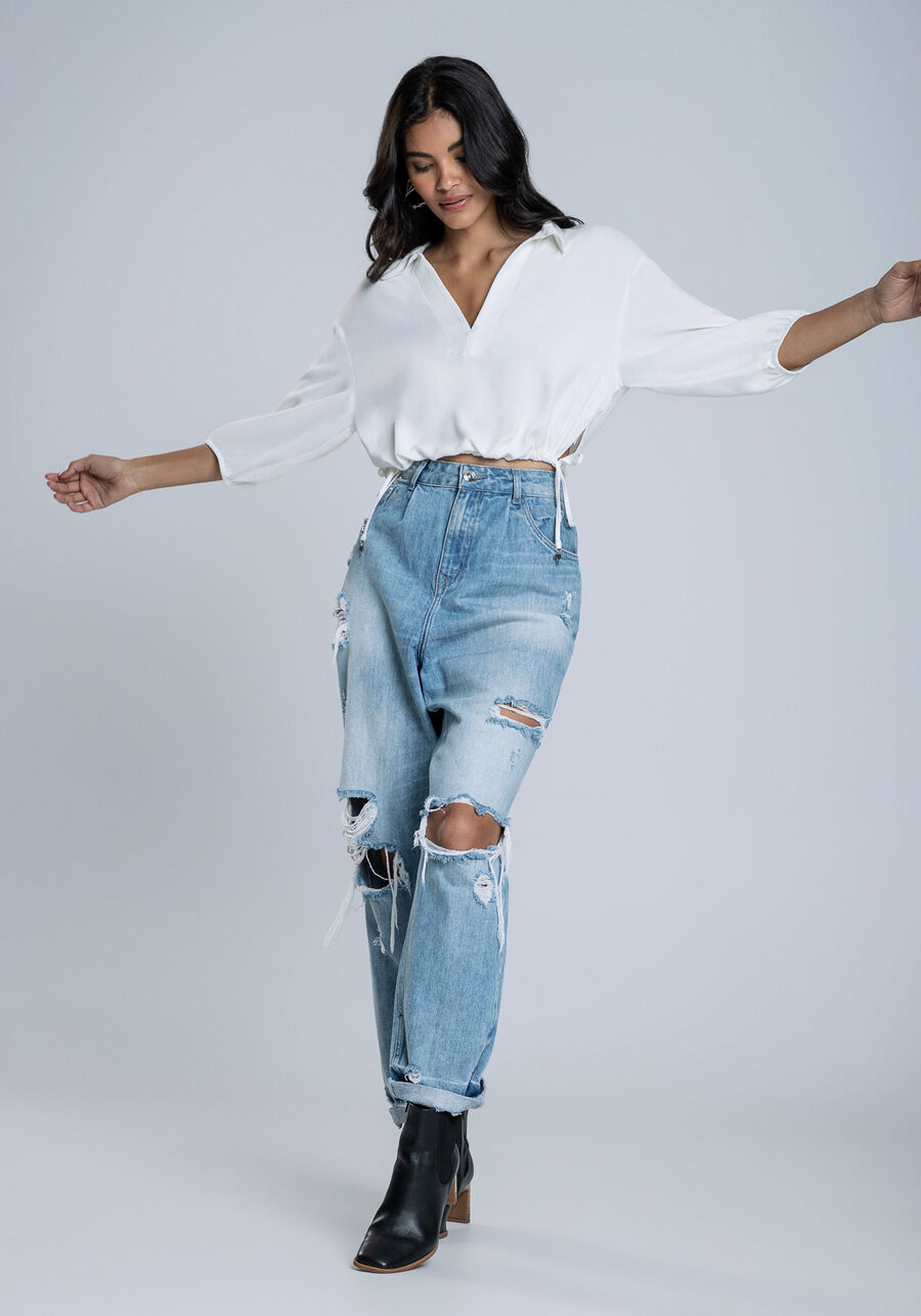 Blusa Manga 3/4 em Crepe com Amarração Barra, BRANCO OFF WHITE. Blusa Manga 3/4 em Crepe com Amarração Barra, BRANCO OFF WHITE, large.