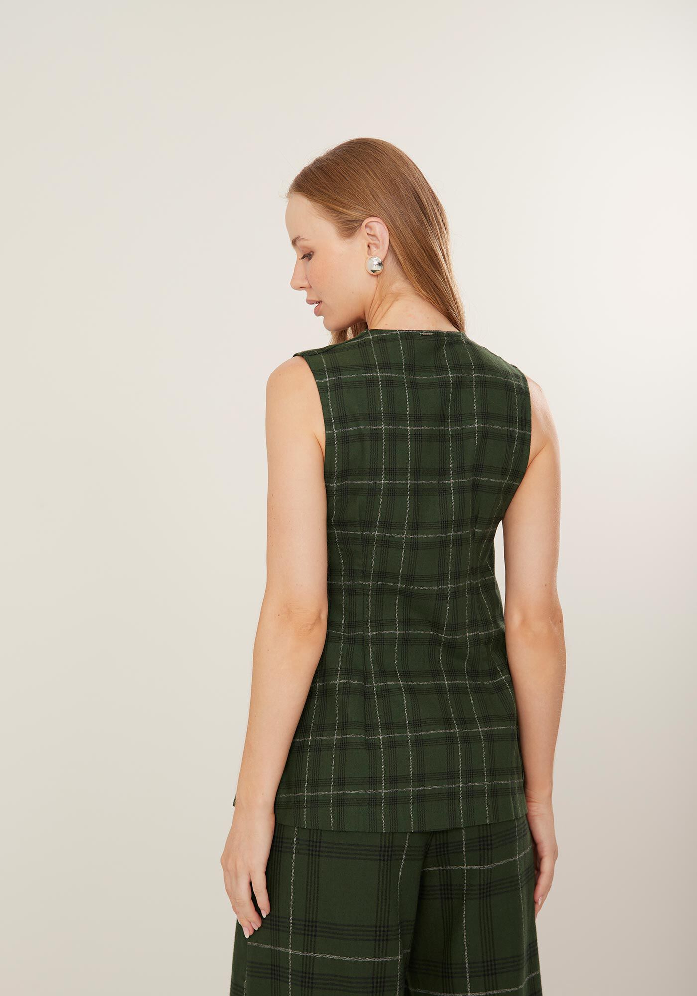 Colete Alongado Xadrez Com Bolsos E Bot&otilde;es Frontais, M.PLAID VERDE ESCURO, large.