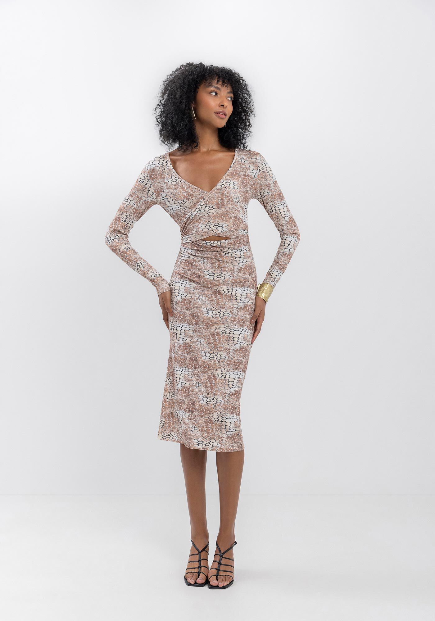 Vestido Estampado Midi Em Malha Canelada Com Recorte Frontal, SKIN MARROM, large.