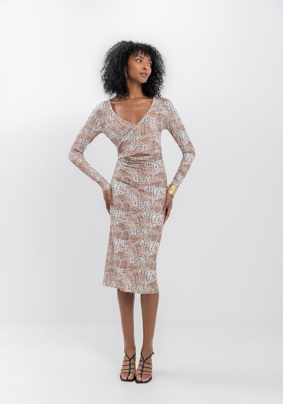 Vestido Estampado Midi Em Malha Canelada Com Recorte Frontal, SKIN MARROM. Vestido Estampado Midi Em Malha Canelada Com Recorte Frontal, SKIN MARROM, large.