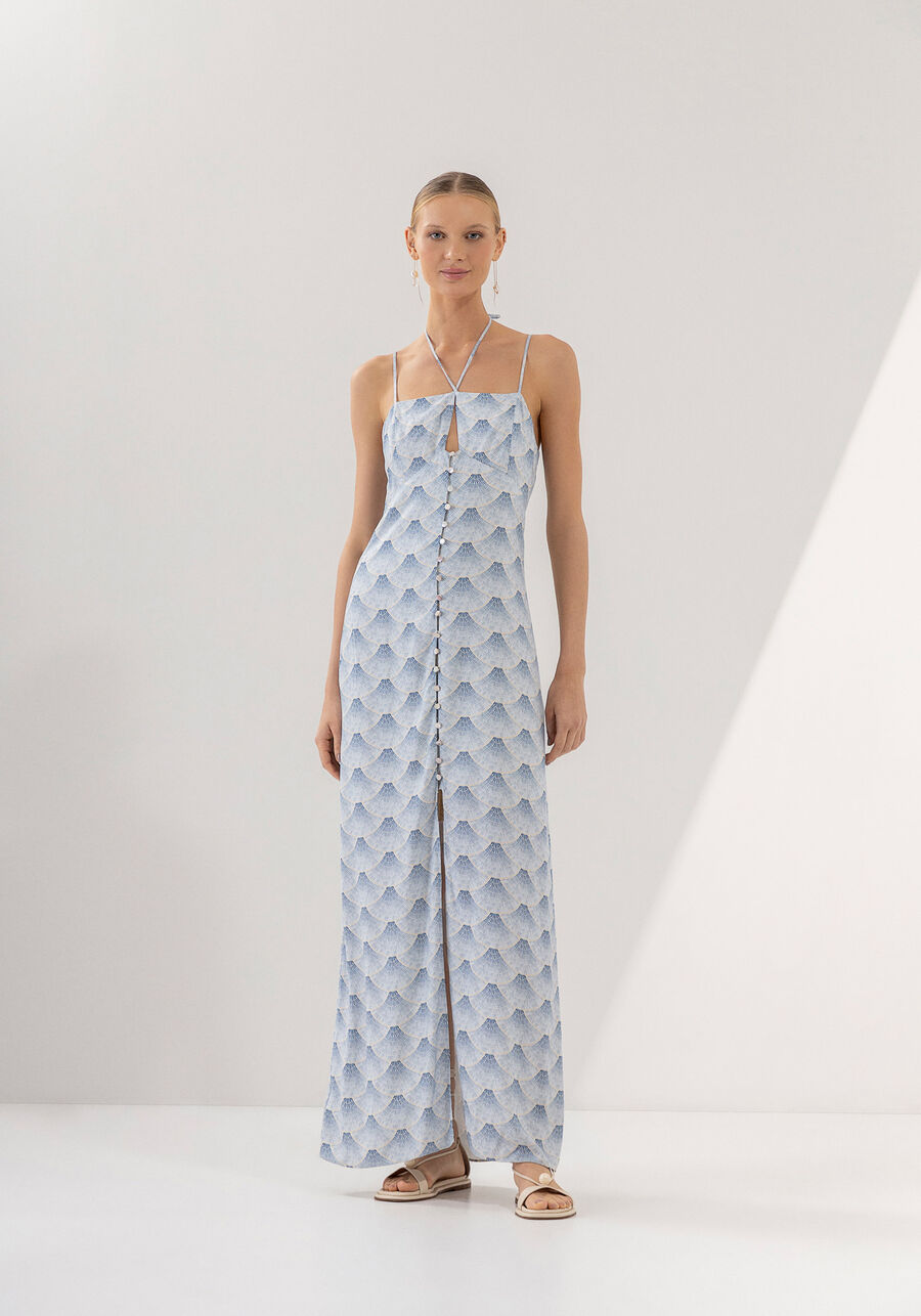 Vestido Longo Estampado com Botões e Fenda, . Vestido Longo Estampado com Botões e Fenda, , large.