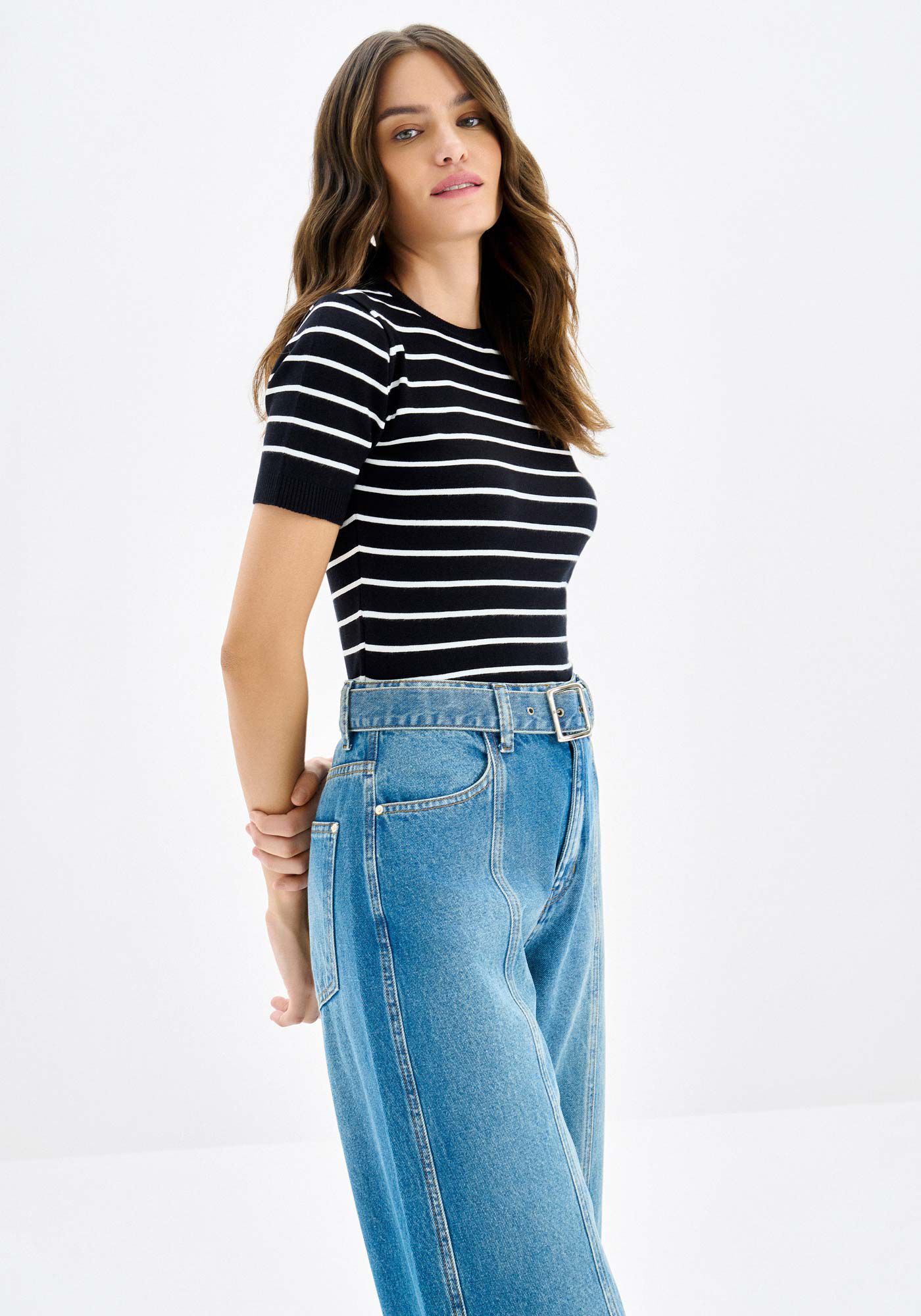 Blusa Listrada em Tric&ocirc; com Manga Curta, , large.