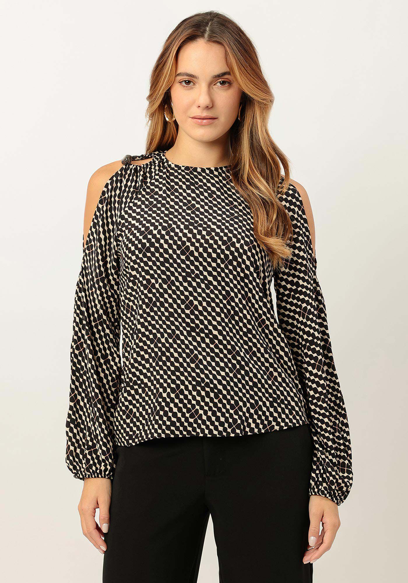 Blusa Manga Longa Estampa com Recorte Ombros, , large.