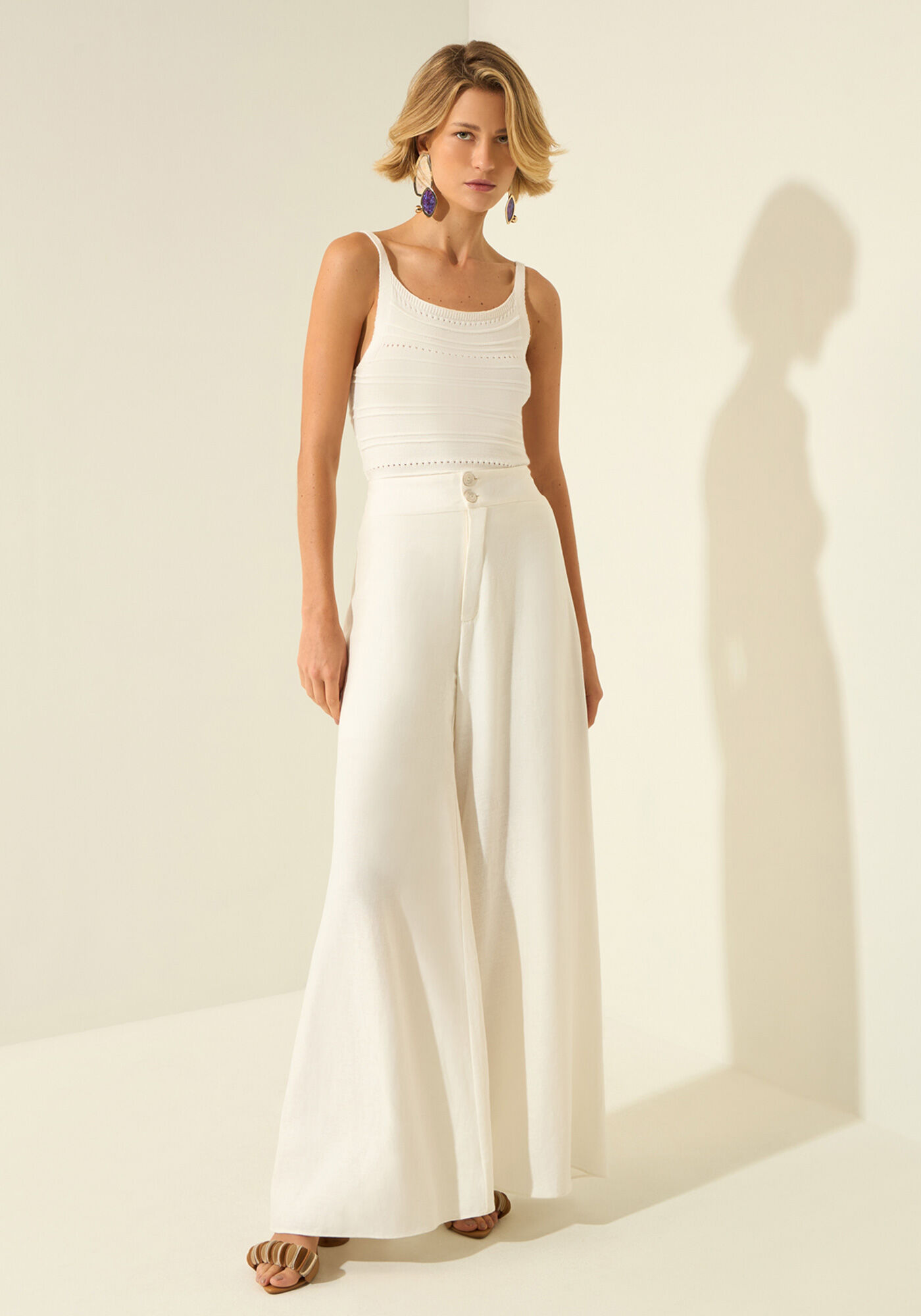 Cal&ccedil;a Pantalona Com Cintura Alta E Linho, BRANCO OFF WHITE, large.