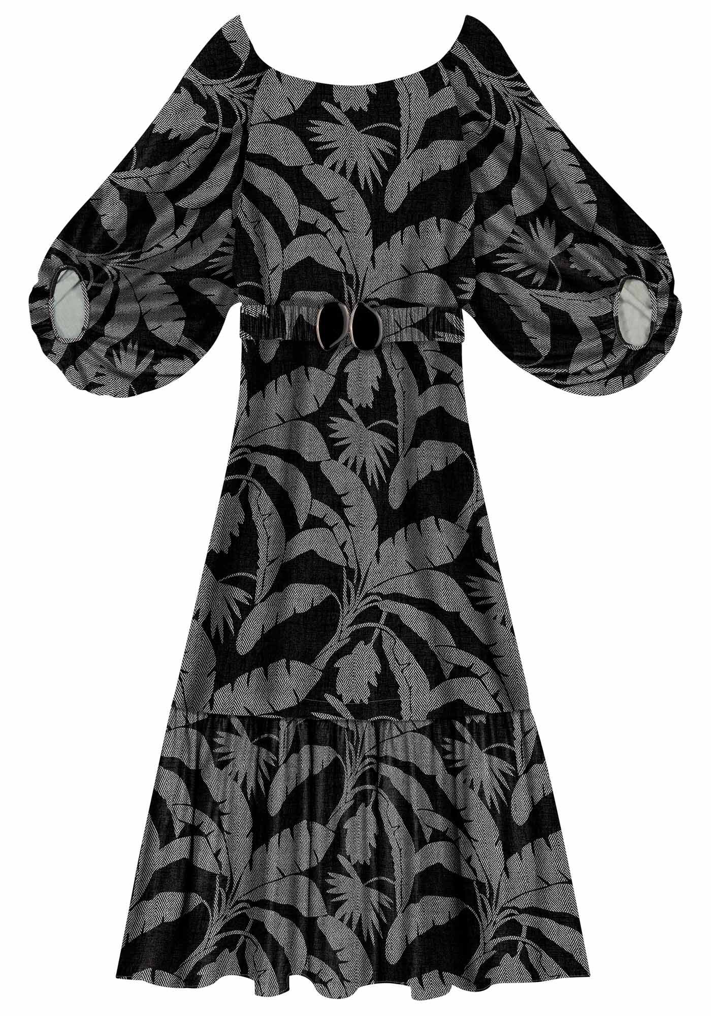 Vestido Midi Manga 3/4 Estampado com Cinto, , large.