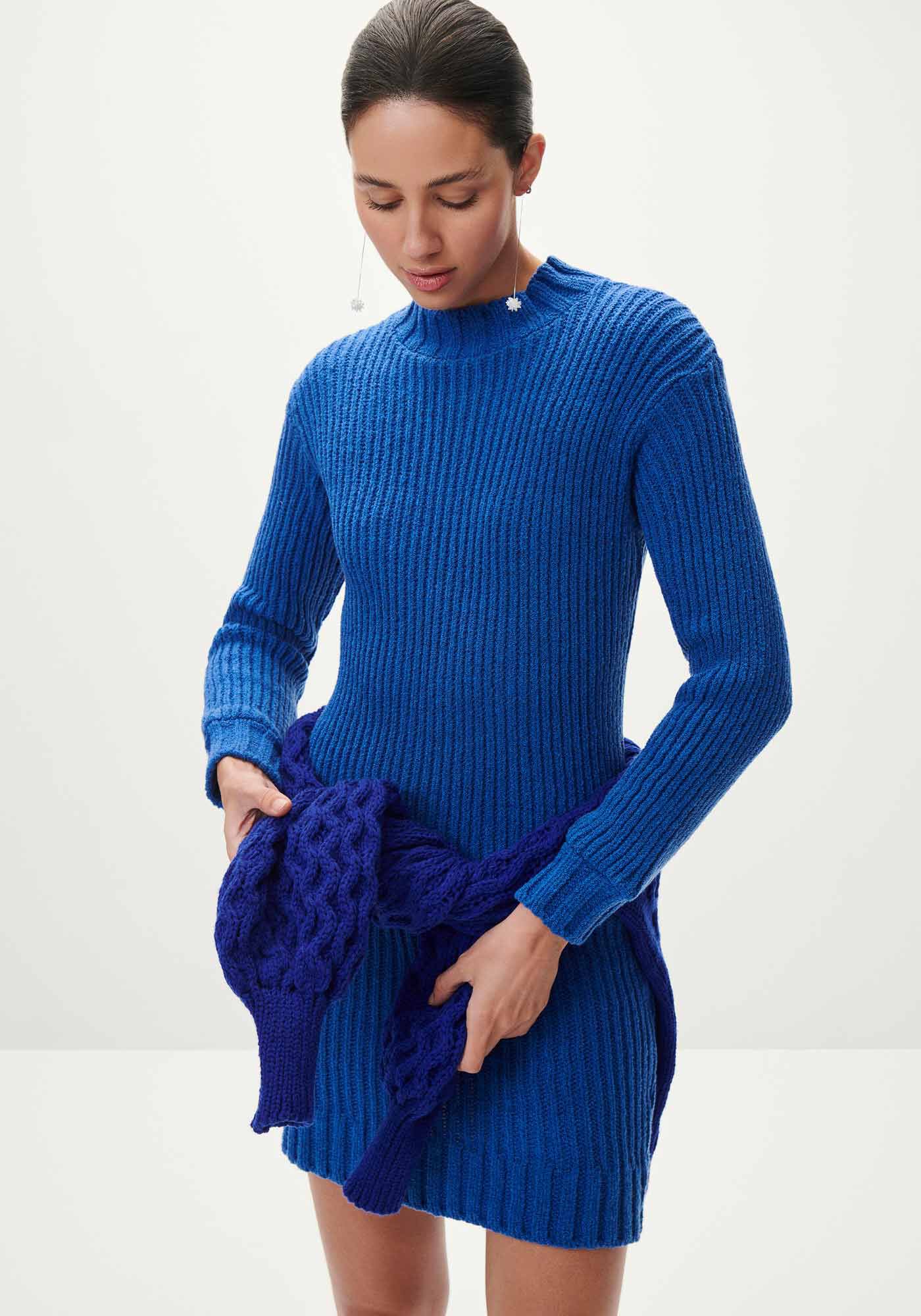 Vestido Curto Manga Longa em Tric&ocirc; Canelado, , large.