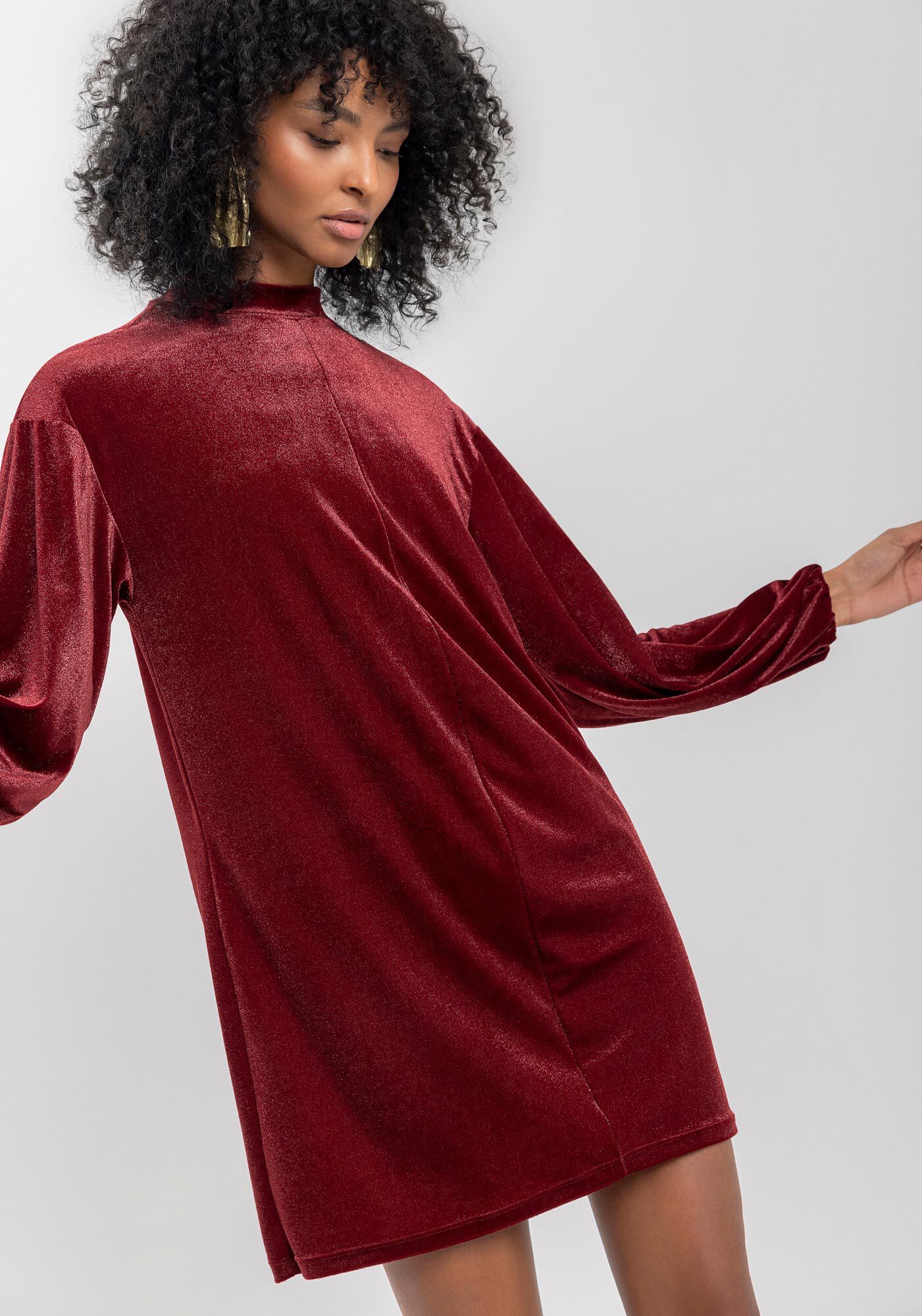 Vestido Curto De Mangas Longas Em Malha De Veludo, VERMELHO FLAMBOYANT, large.