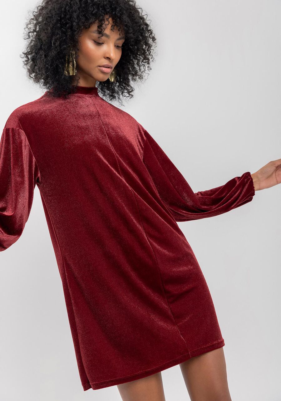 Vestido Curto De Mangas Longas Em Malha De Veludo, VERMELHO FLAMBOYANT. Vestido Curto De Mangas Longas Em Malha De Veludo, VERMELHO FLAMBOYANT, large.