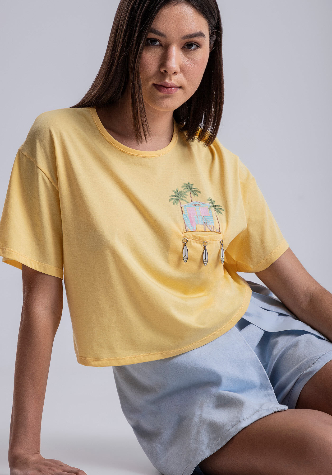 Blusa Cropped em Malha com Pingentes, AMARELO LIMONADA, large.