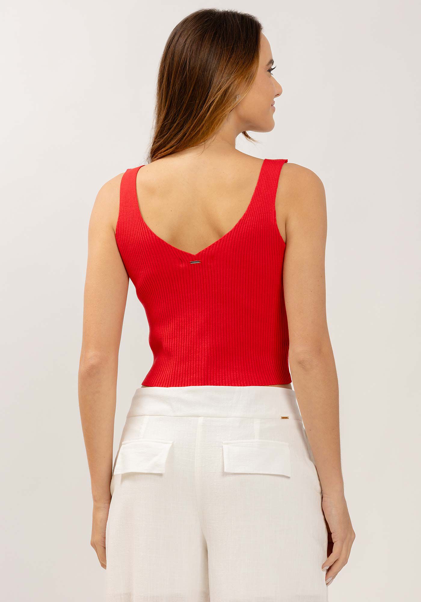Blusa em Tric&ocirc; com Amarra&ccedil;&atilde;o Franzida, VERMELHO ROSE MADDER, large.