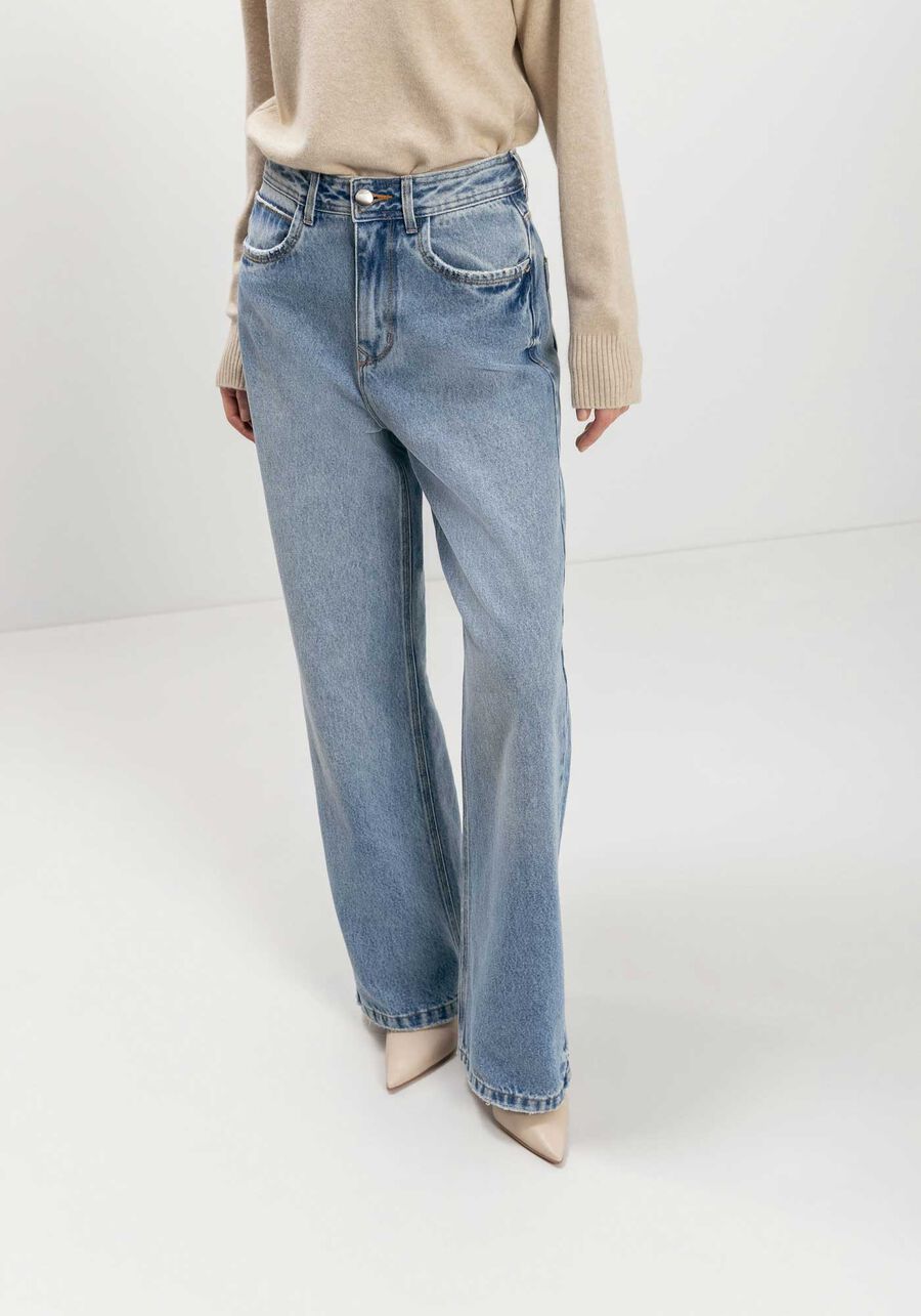 Calça Wide Leg Jeans Com Cintura Alta E Bolsos, JEANS. Calça Wide Leg Jeans Com Cintura Alta E Bolsos, JEANS, large.