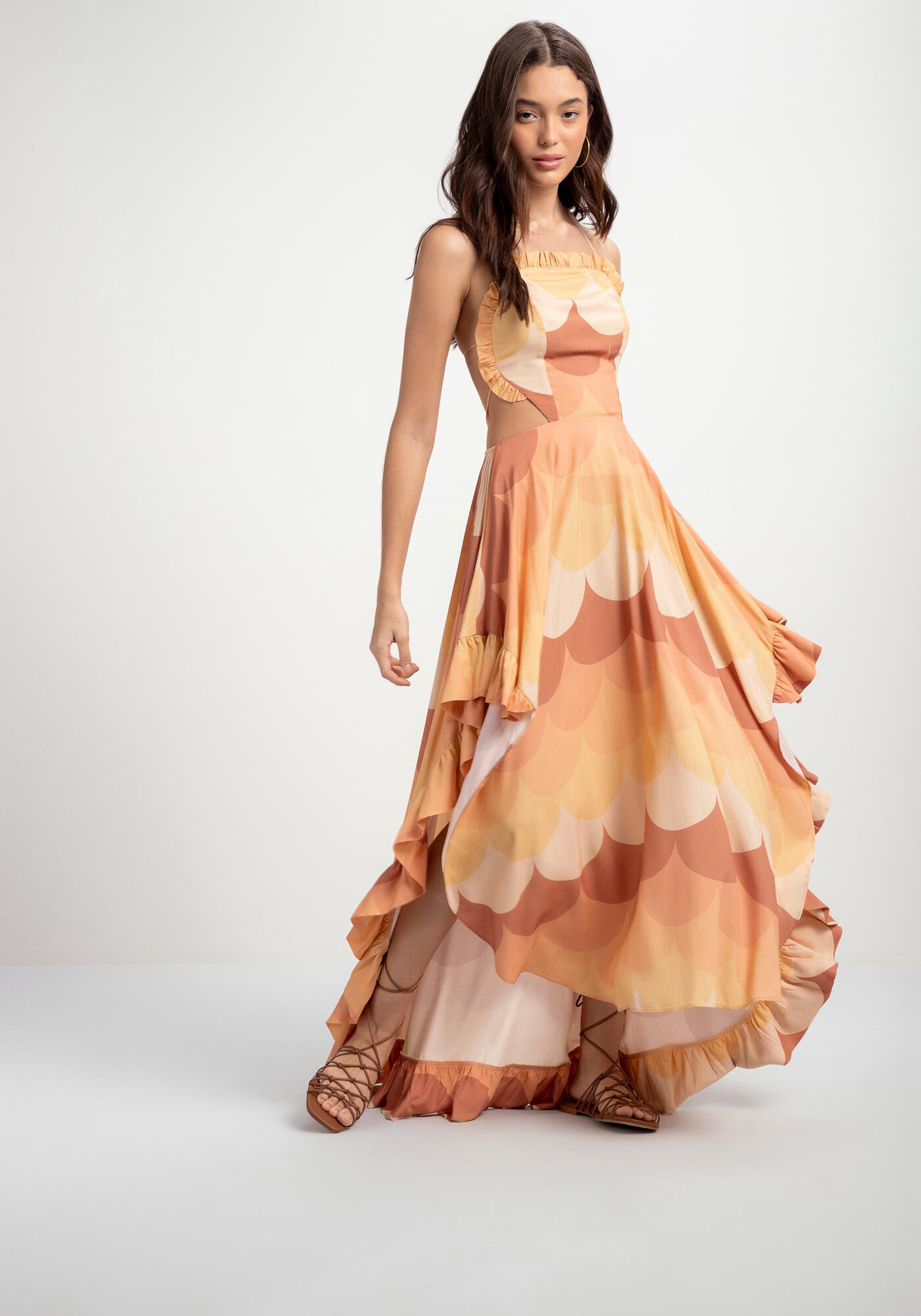 Vestido longo shop estampado com babado