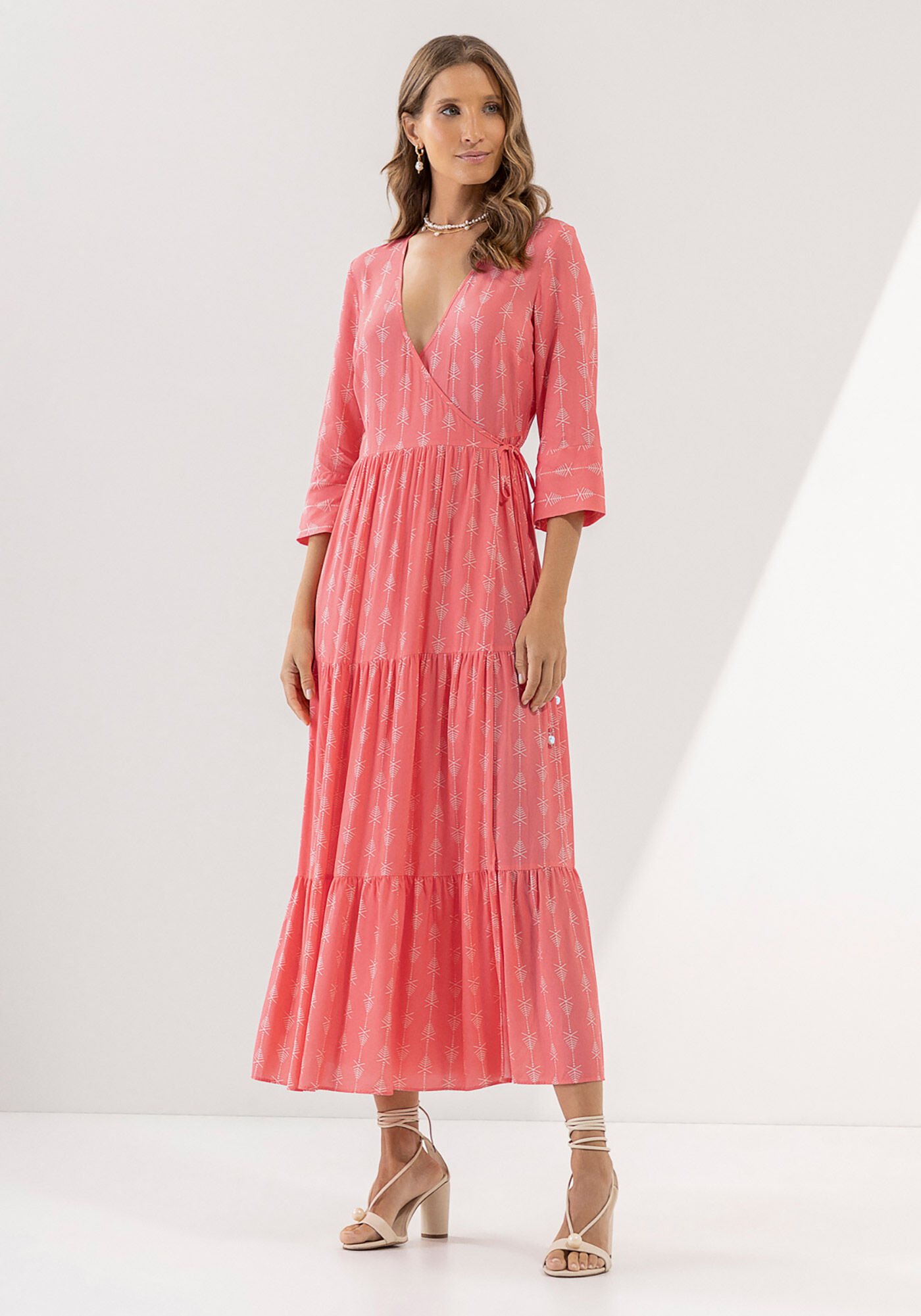 Vestido Midi Transpassado com Manga 3/4, , large.