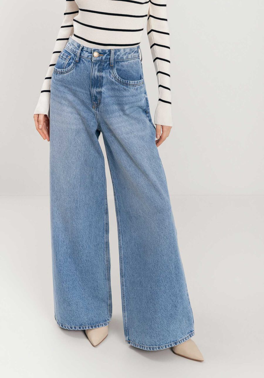 Calça Jeans Super Wide Leg Com Cintura Alta E Bolsos, JEANS. Calça Jeans Super Wide Leg Com Cintura Alta E Bolsos, JEANS, large.