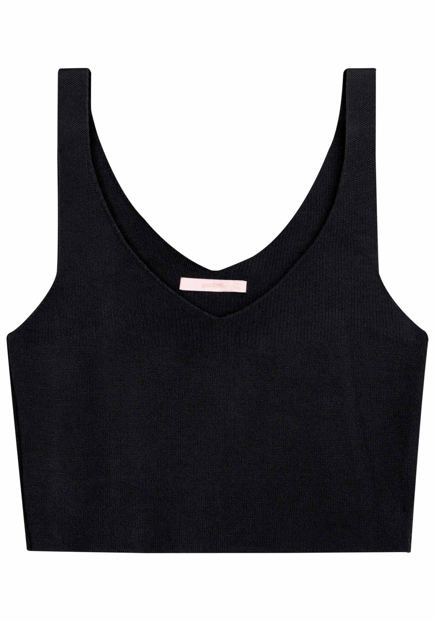 Blusa Cropped em Tric&ocirc; com Decote V, PRETO REATIVO, large.