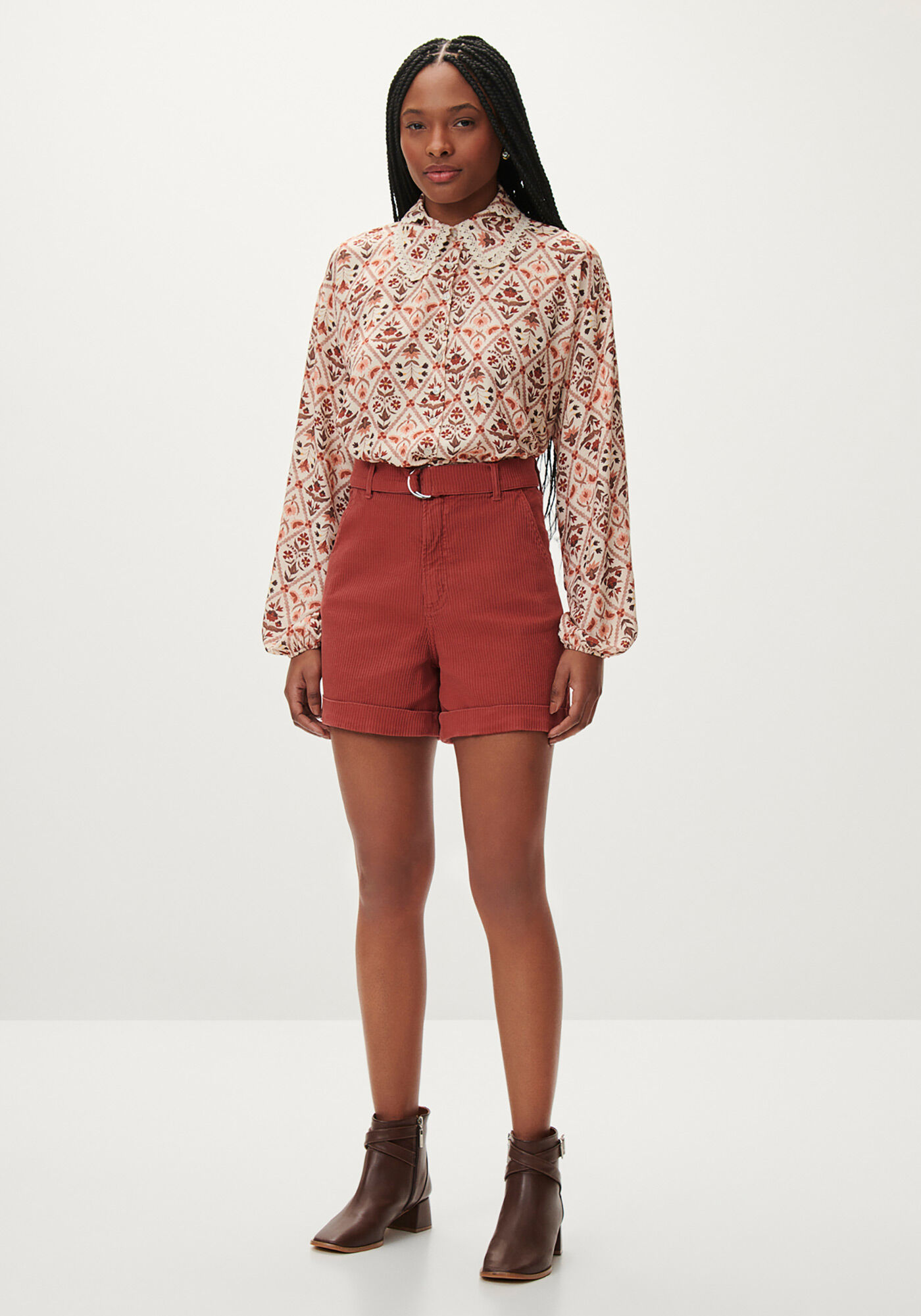 Camisa Manga Longa Estampada com Renda Gola, , large.