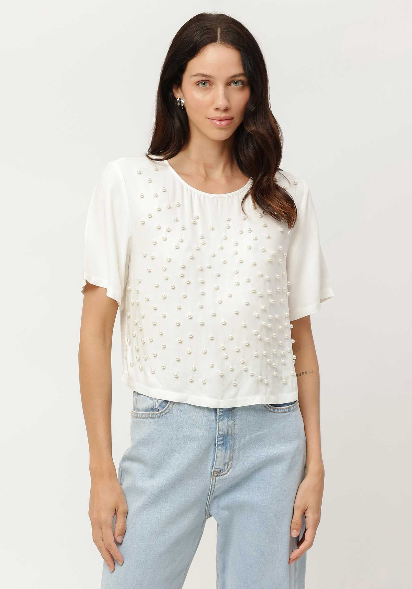 Blusa Cropped em Crepe com P&eacute;rolas, , large.