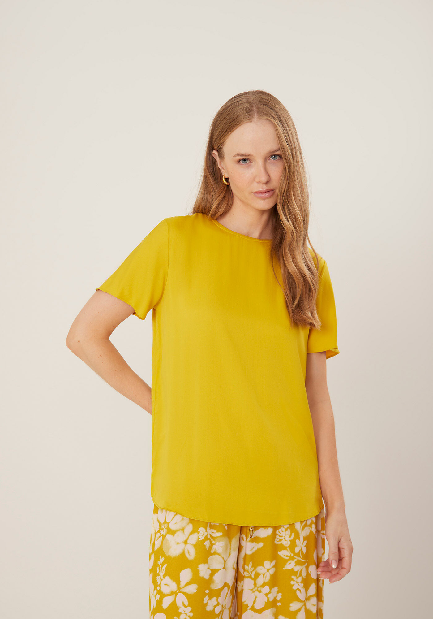 Blusa De Mangas Curtas Estampada Com Gola Redonda, , large.