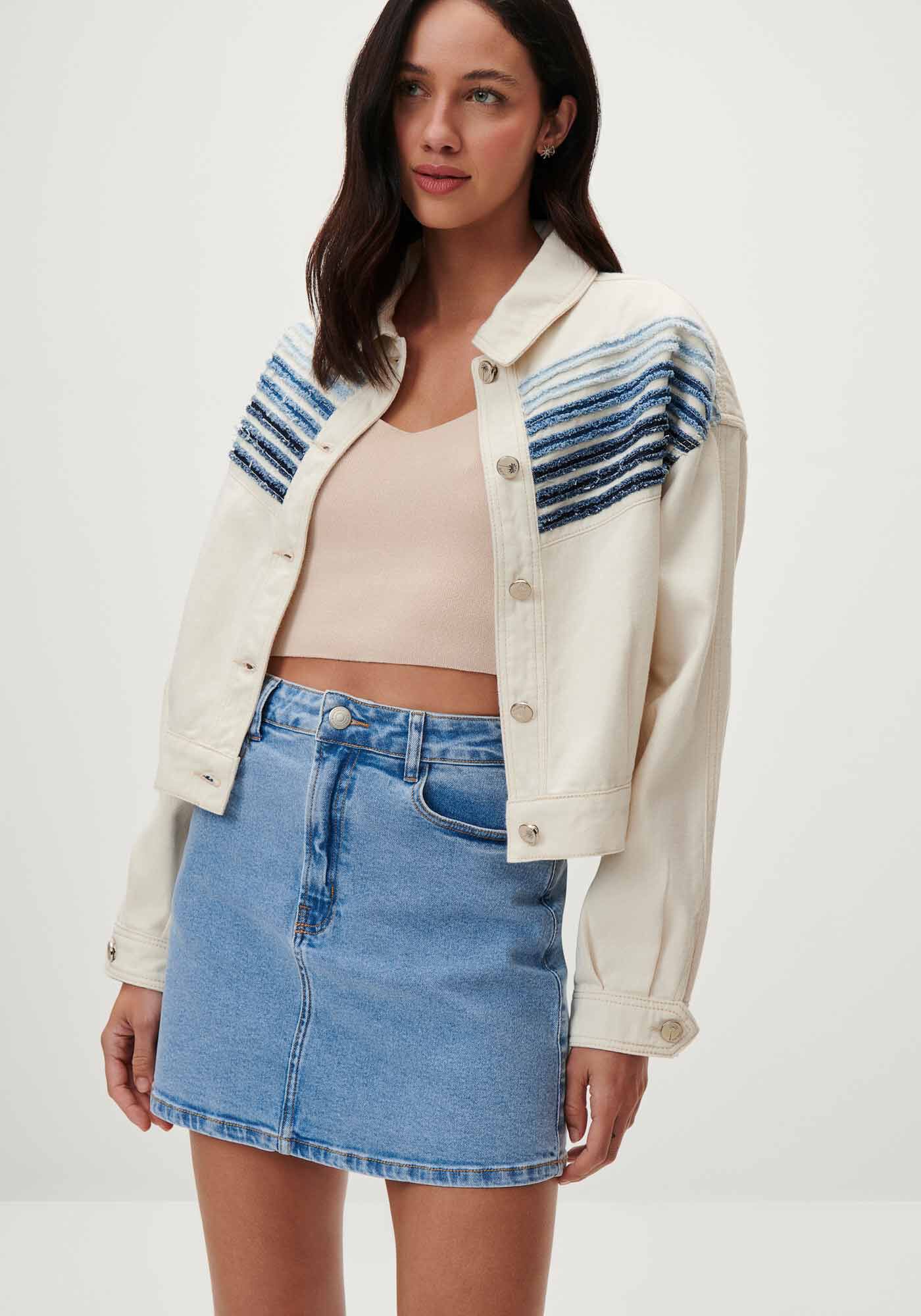 Saia Jeans Curta Cintura Alta com Elasticidade, , large.