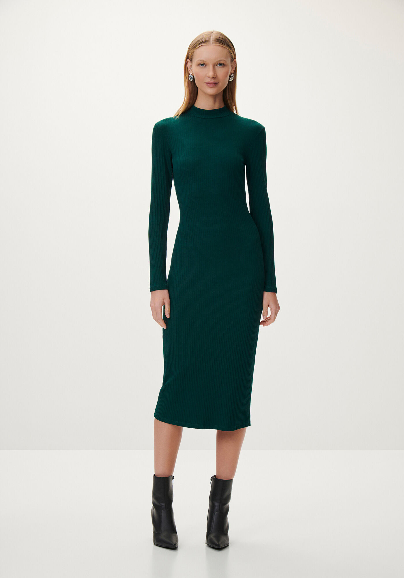 Vestido Midi Manga Longa Canelado com Gola Alta, , large.