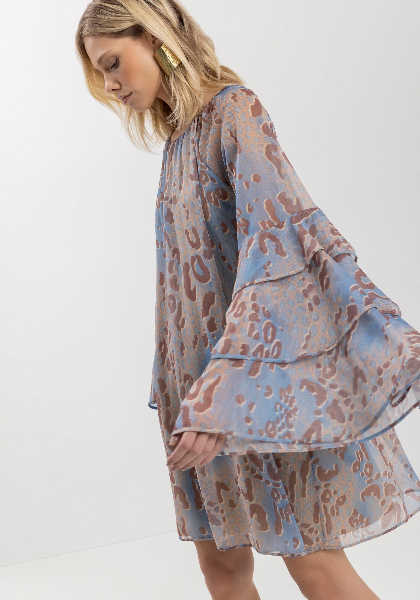 Vestido Curto Estampado Com Babados Nas Mangas, SAVAGE BEGE, large.