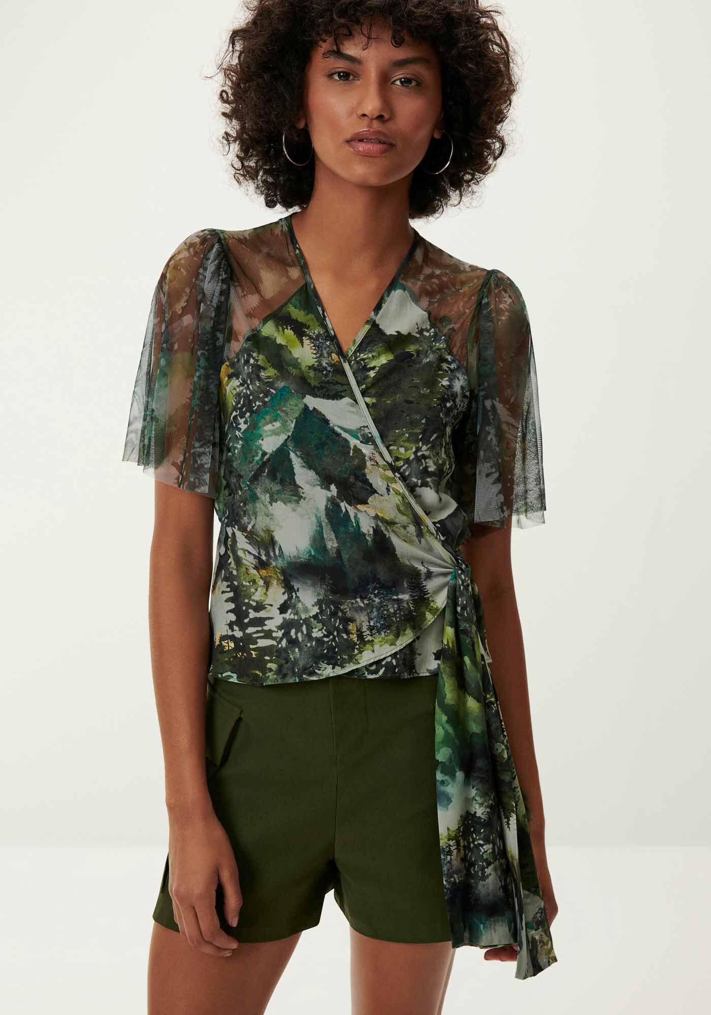 Blusa Transpassada Estampada com Mangas Tule, , large.