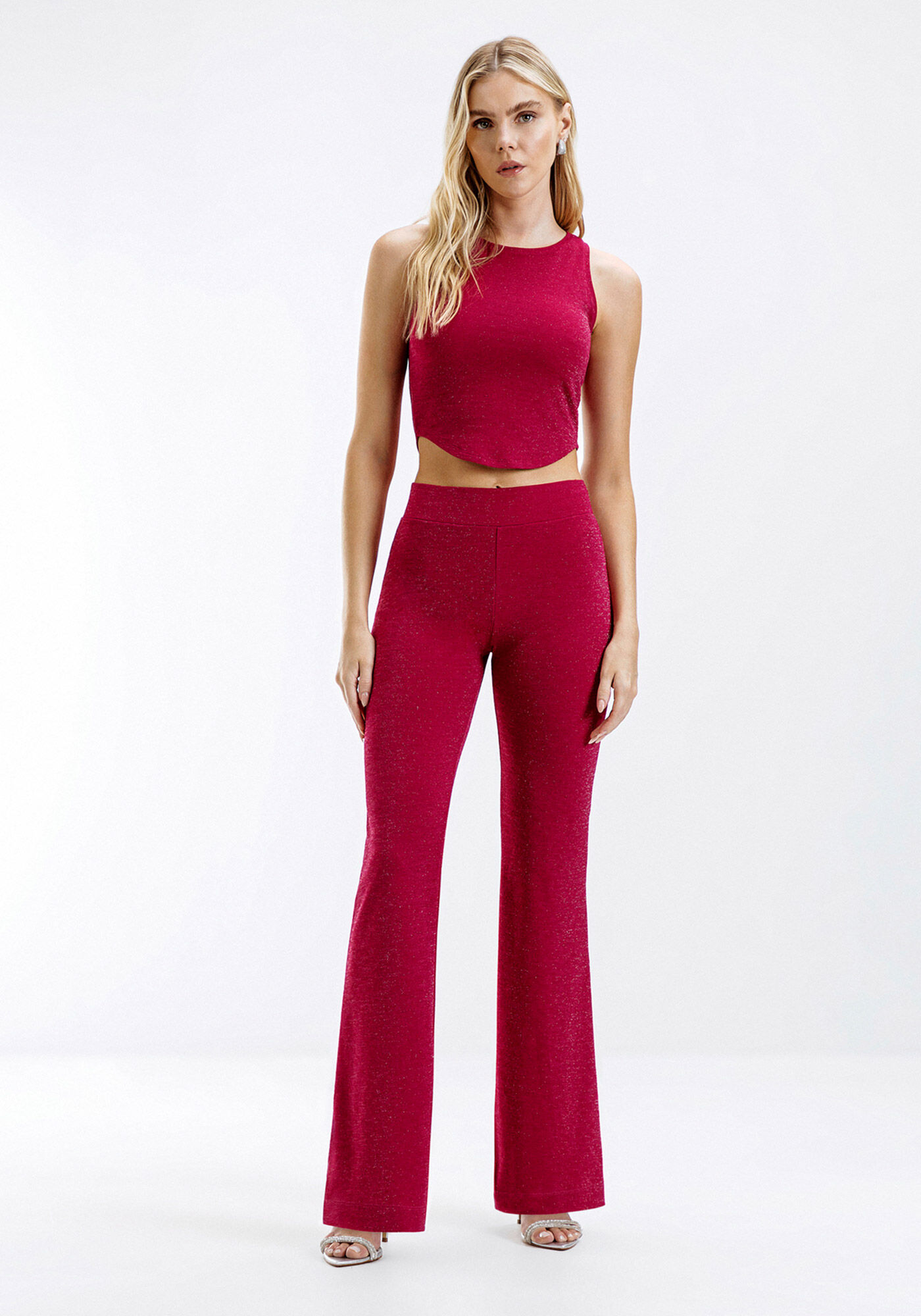Cal&ccedil;a Flare em Malha Lurex com Cintura Alta, ROSA SYRUP, large.