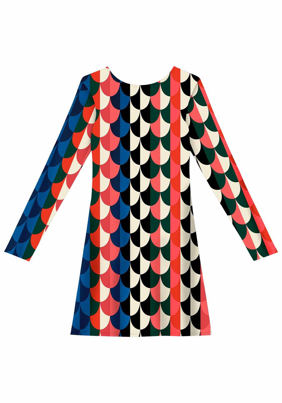 Vestido Curto Manga Longa Estampado com V Costas, . Vestido Curto Manga Longa Estampado com V Costas, , large.