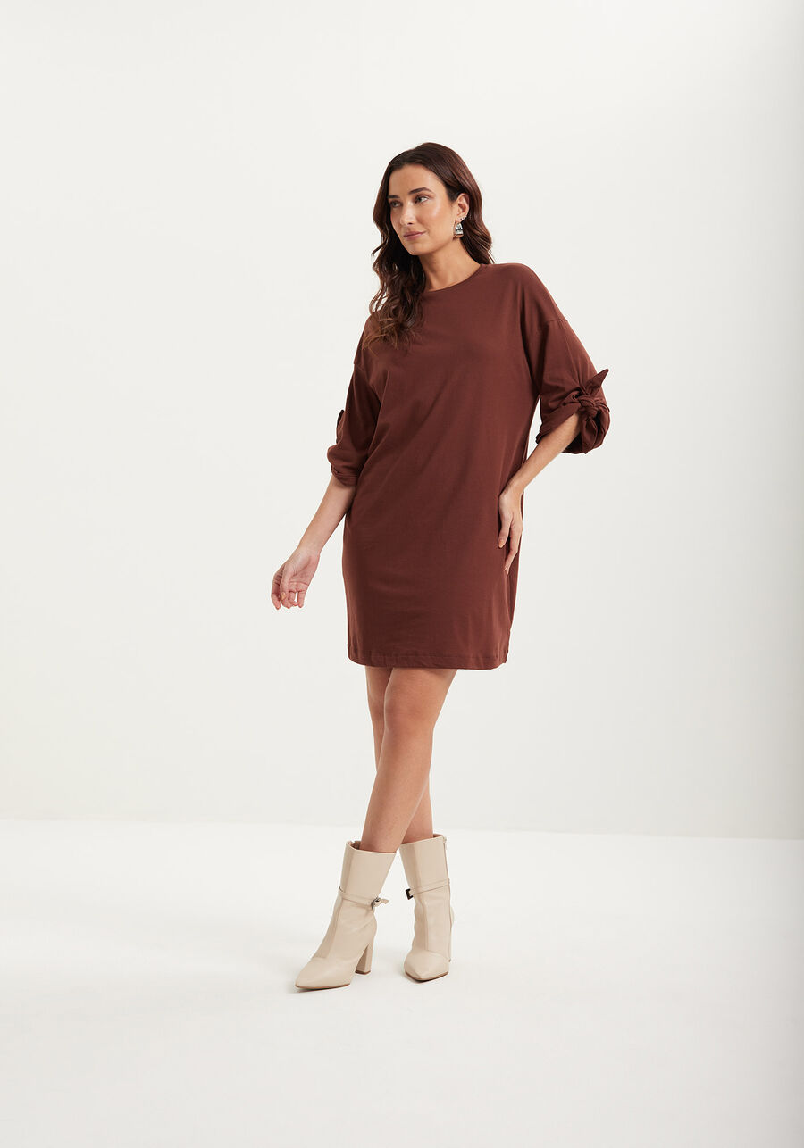 Vestido Curto Em Malha Penteada Com Mangas 3/4 E Amarrações, . Vestido Curto Em Malha Penteada Com Mangas 3/4 E Amarrações, , large.