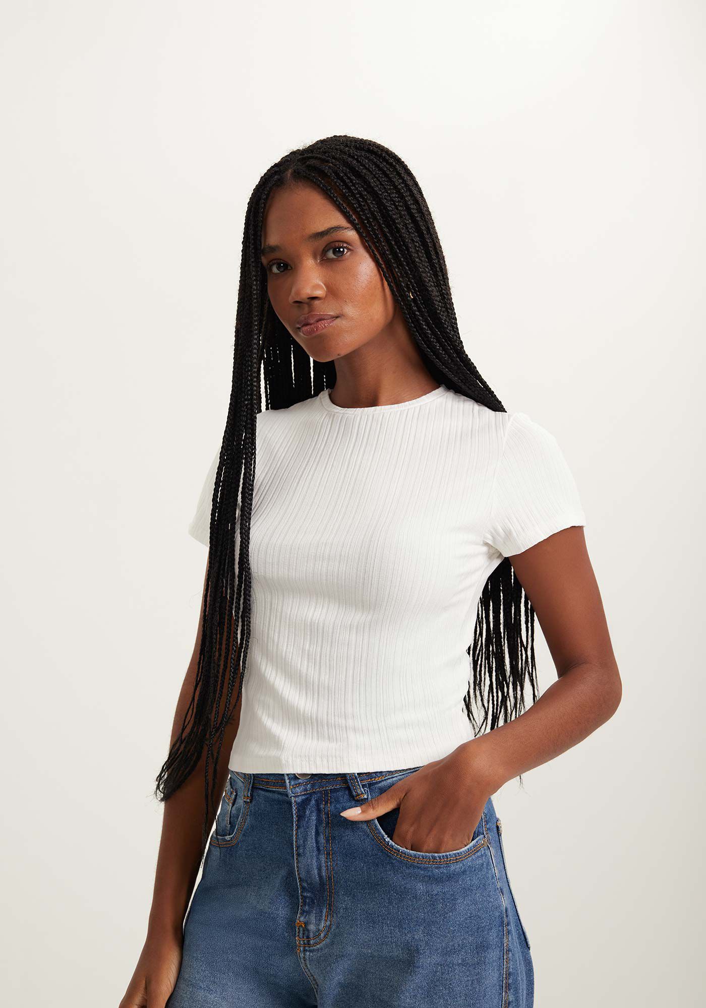 Blusa B&aacute;sica De Mangas Curtas Em Malha Canelada, , large.