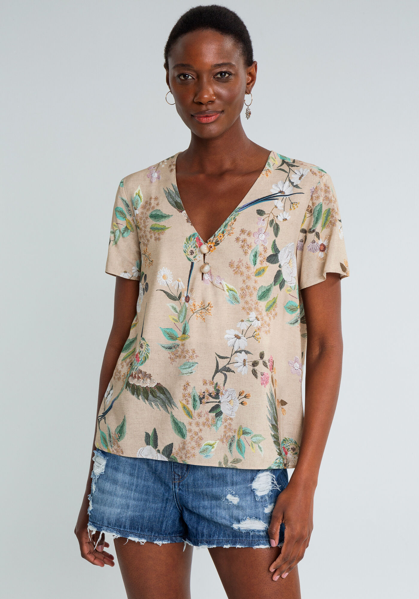 Blusa Decote V Estampada, BEIJA FLOR, large.