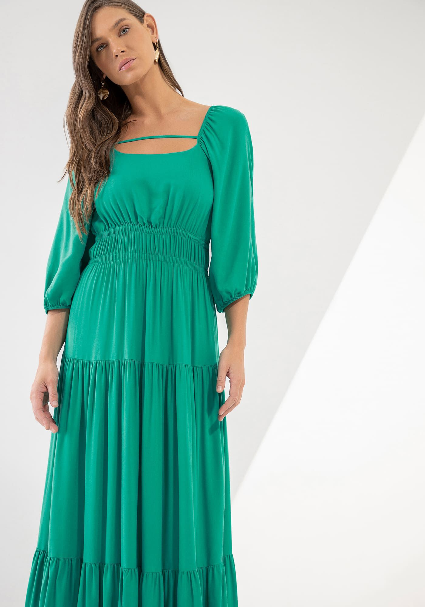 Vestido Midi Manga Bufante em Viscose com Babados, , large.