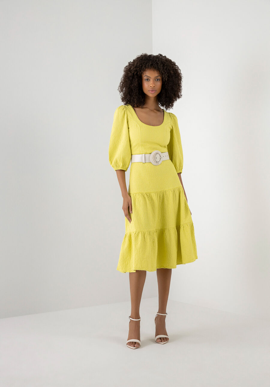 Vestido Midi Texturizado com Manga 3/4 Sustentável, . Vestido Midi Texturizado com Manga 3/4 Sustentável, , large.