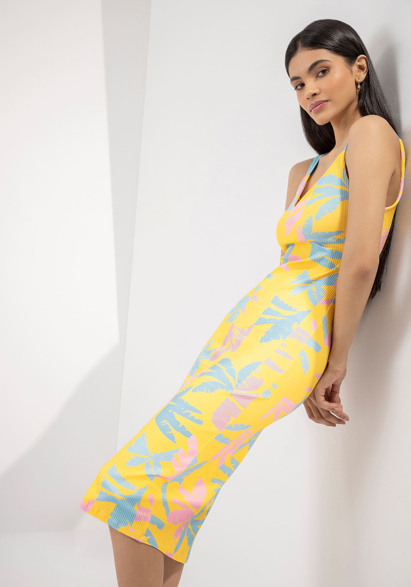 Vestido Midi Canelado Estampado com Decote V, , large.