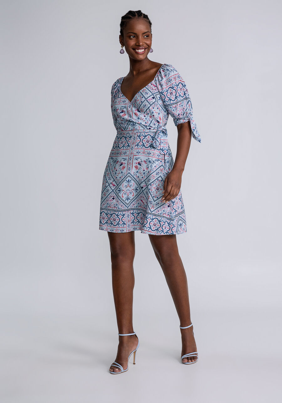 Vestido Curto Manga Bufante Estampado, SERENA. Vestido Curto Manga Bufante Estampado, SERENA, large.