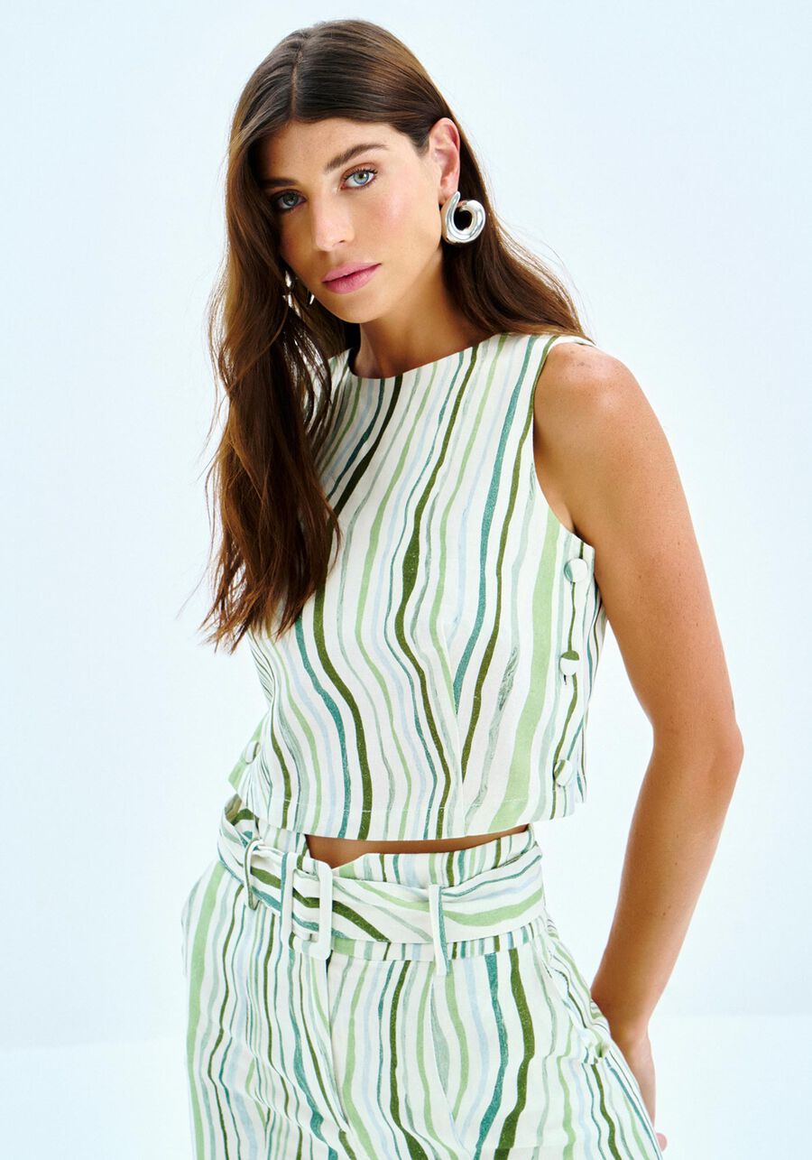 Regata Cropped em Linho Estampada, . Regata Cropped em Linho Estampada, , large.