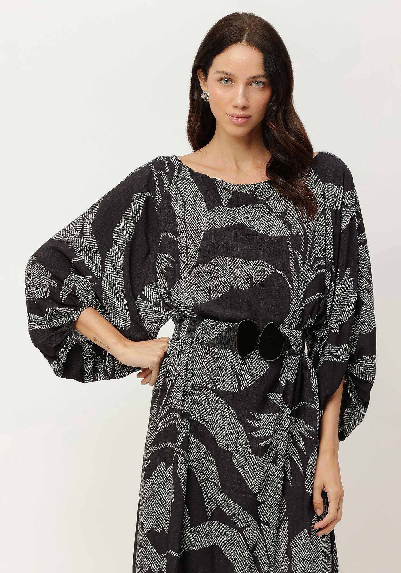Vestido Midi Manga 3/4 Estampado com Cinto, , large.