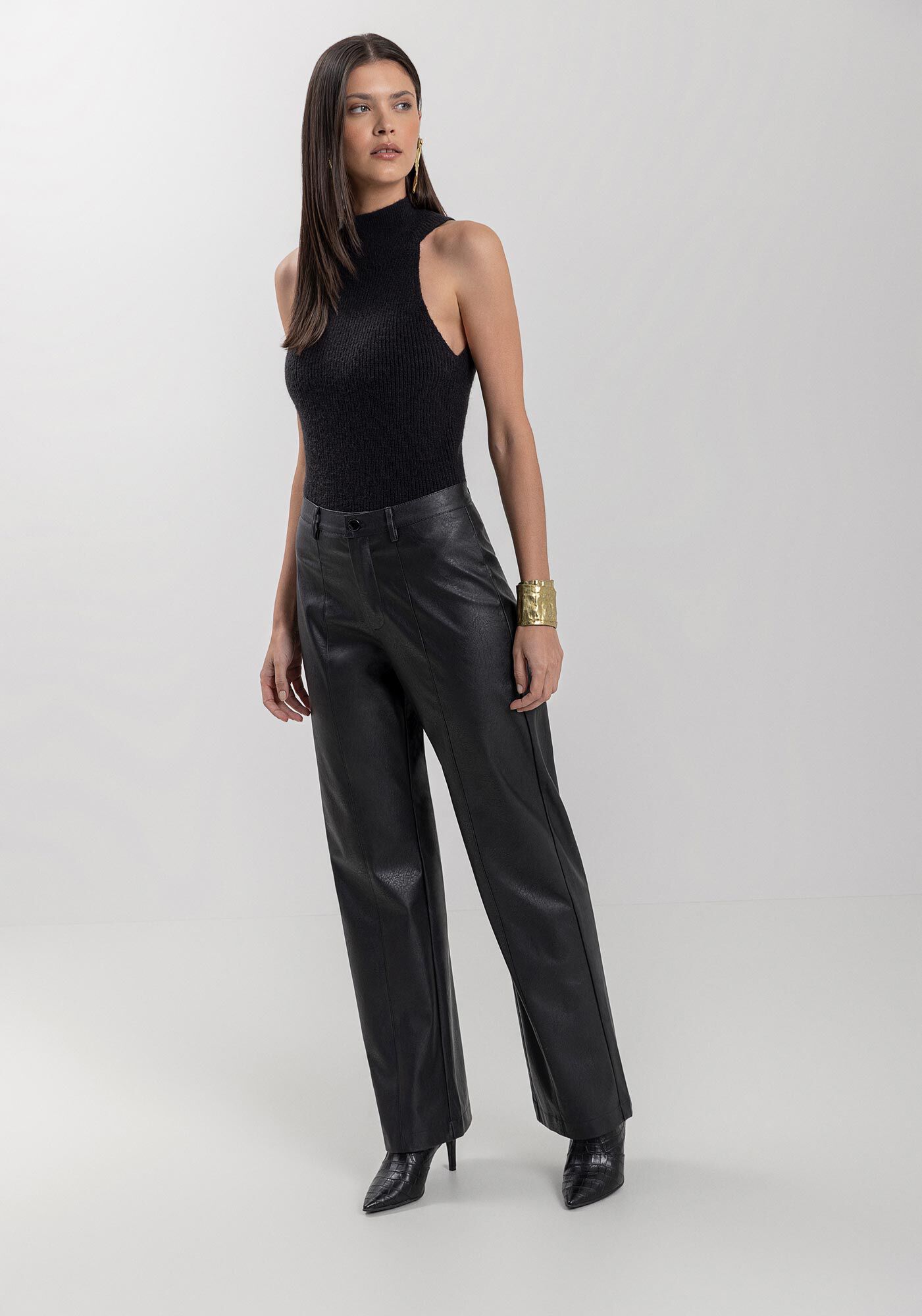 Cal&ccedil;a Reta Em PU Com Passantes E Cintura M&eacute;dia, , large.