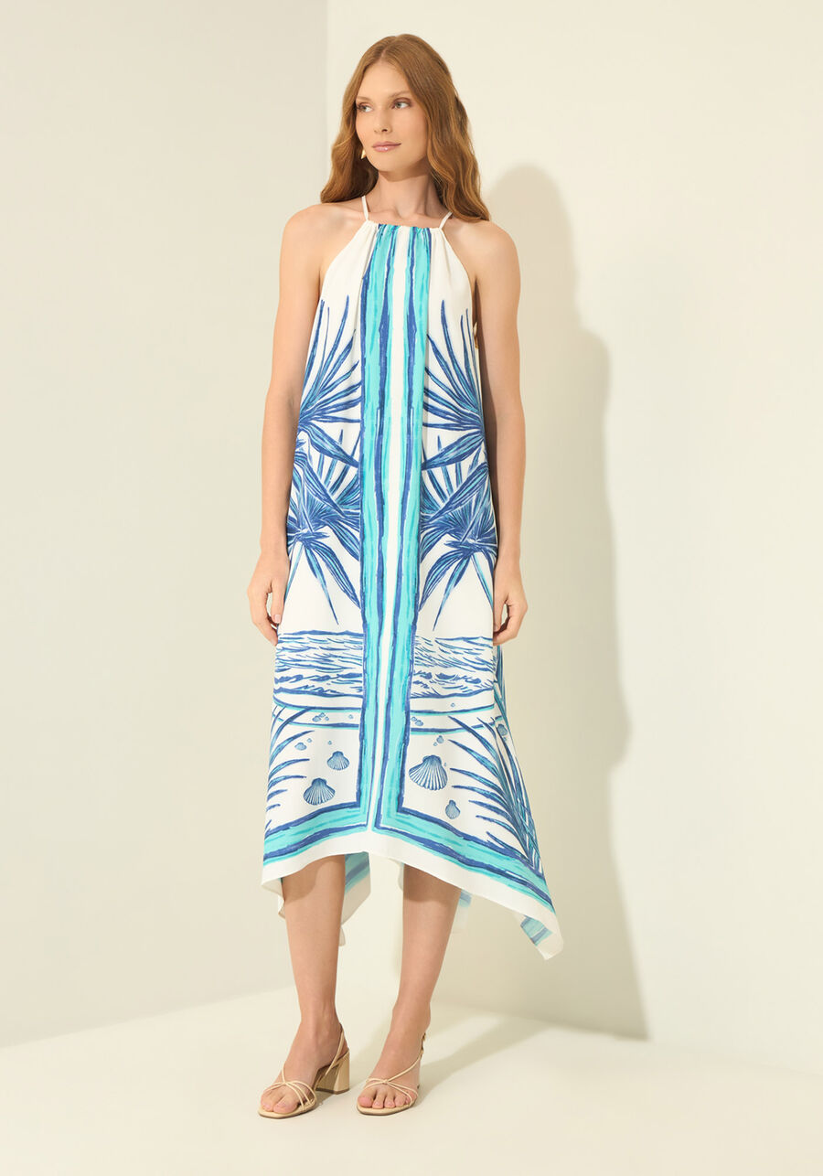 Vestido Chá Estampado Com Amarração, MARE BEGE. Vestido Chá Estampado Com Amarração, MARE BEGE, large.