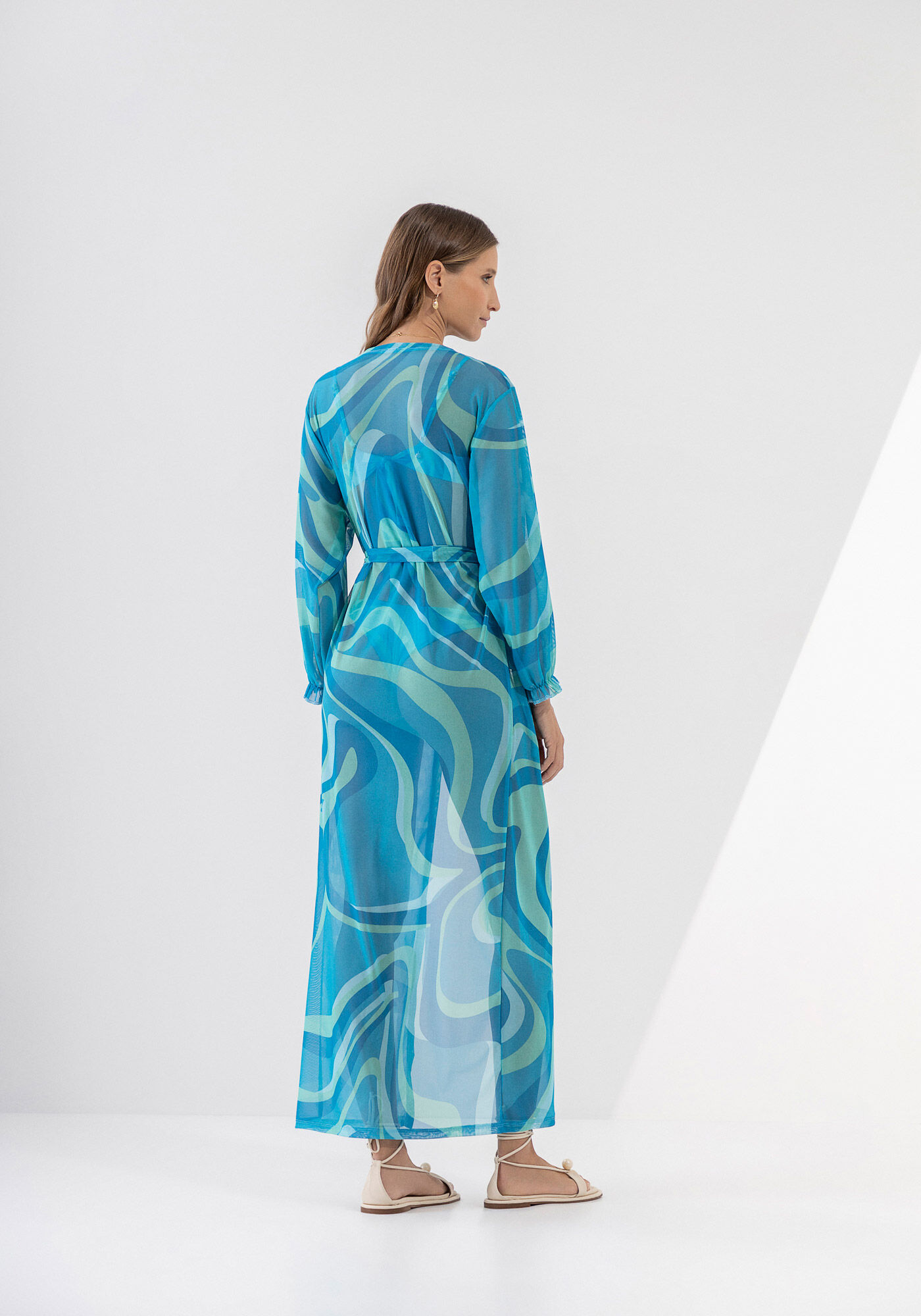 Kaftan Sa&iacute;da de Praia em Tule Estampado com Cinto, , large.