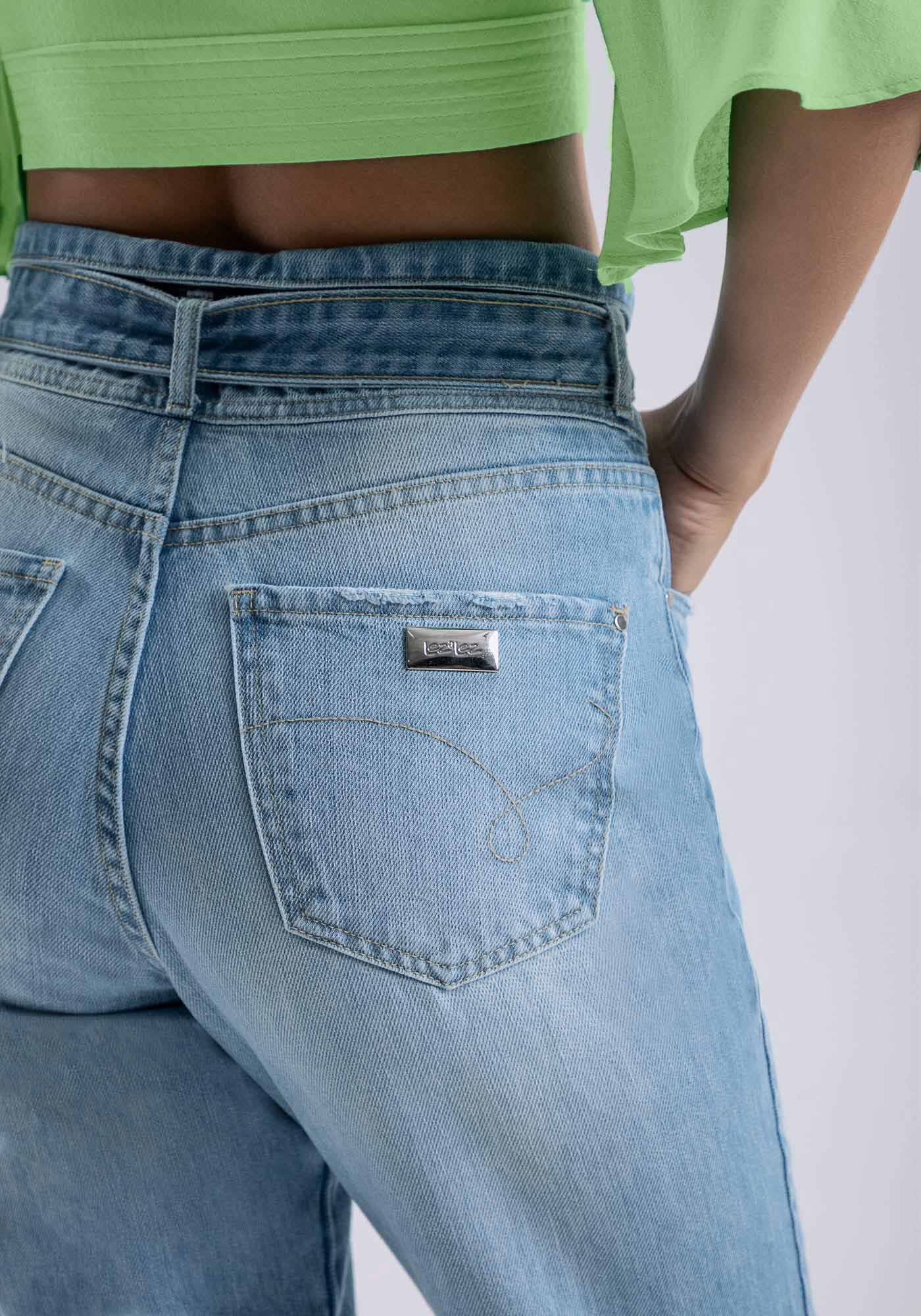 Cal&ccedil;a Jeans Reta com Recorte e Cinto, JEANS, large.