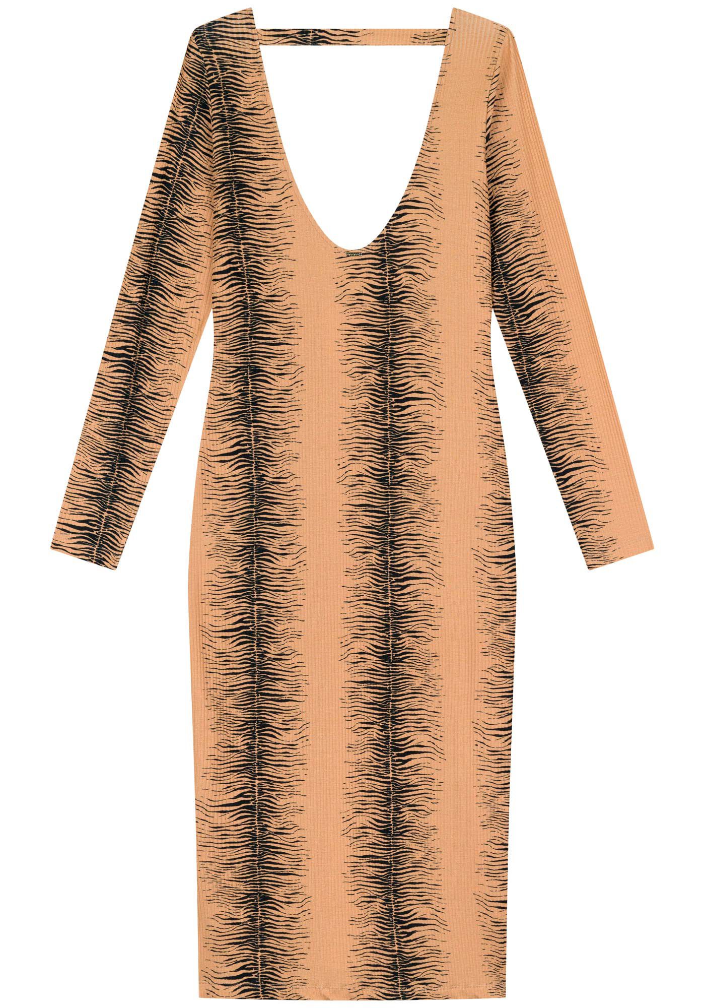 Vestido Midi Estampado De Mangas Longas Em Malha Canelada, ZEBRA STRIPES VERDE, large.