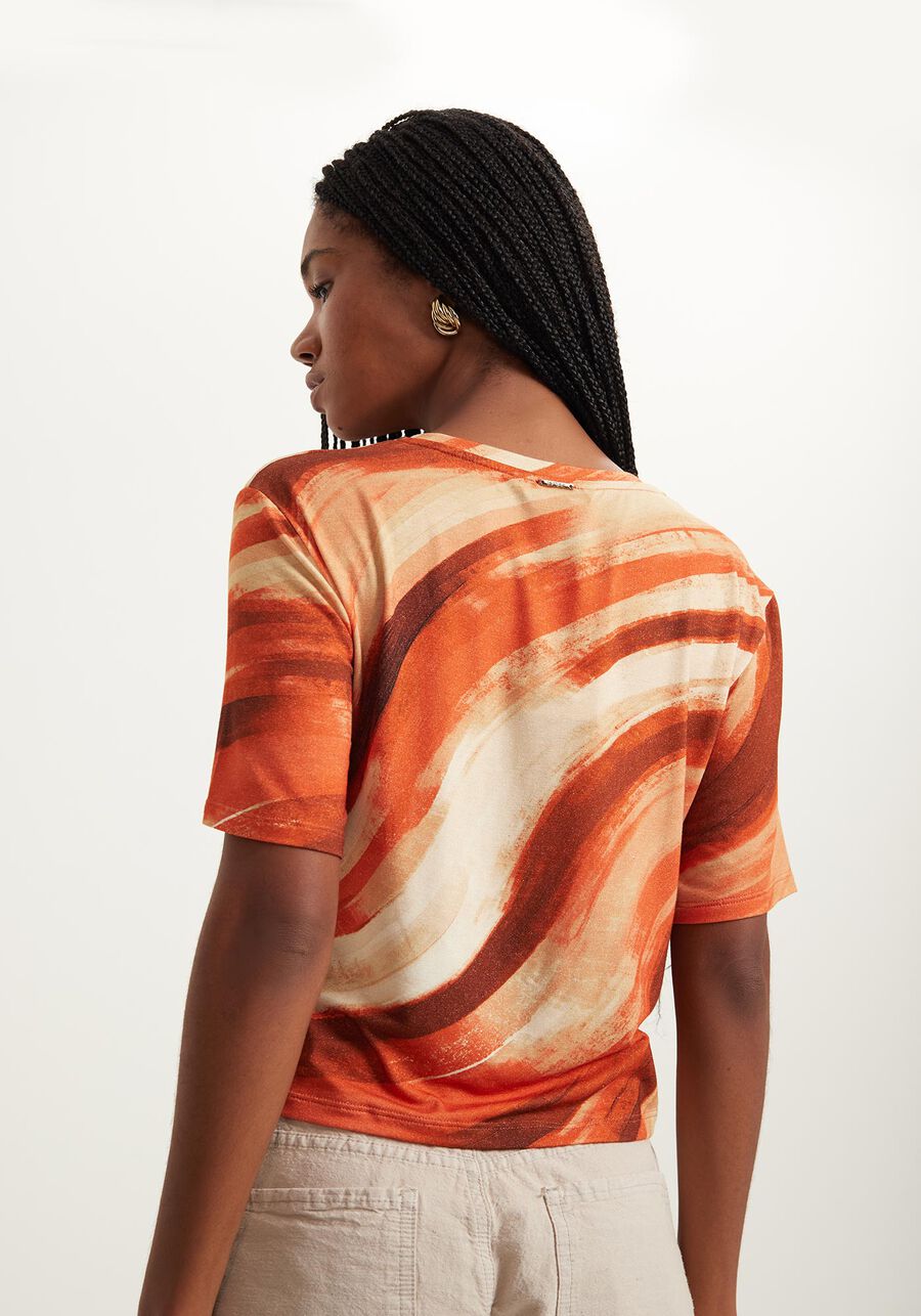 Blusa Curta Estampada Em Malha De Viscose Responsável, ART LARANJA. Blusa Curta Estampada Em Malha De Viscose Responsável, ART LARANJA, large.