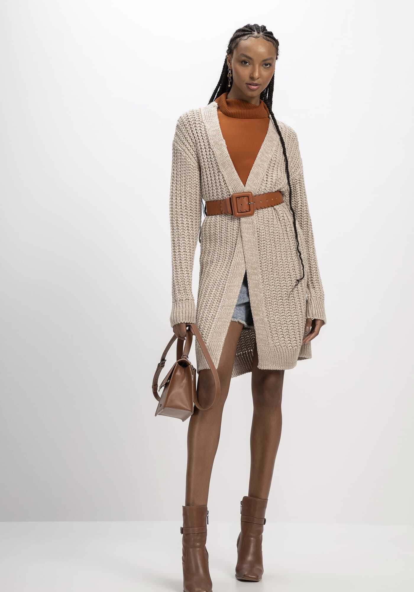 Cardigan Alongado em Tric&ocirc; com Cinto, , large.